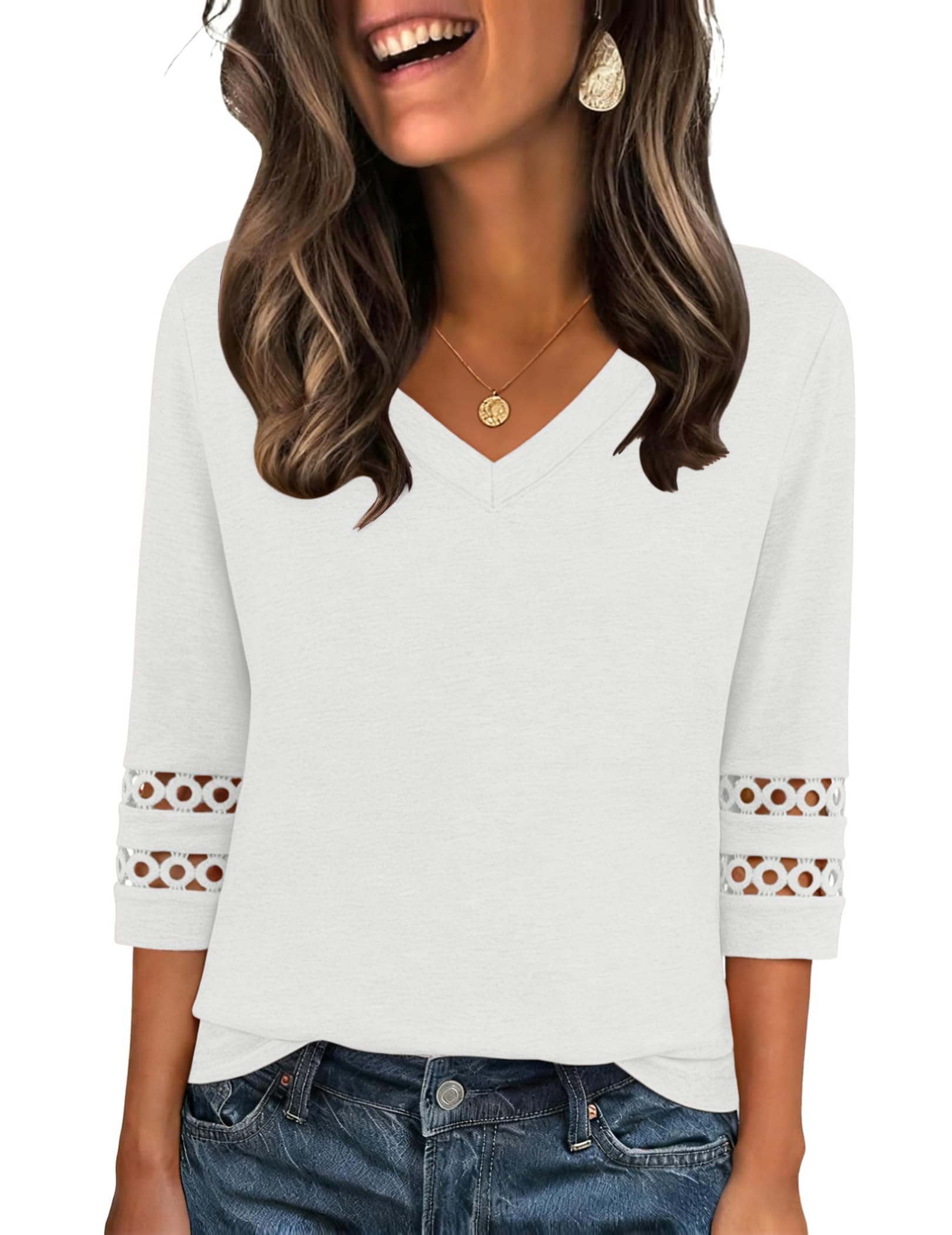 Zeagoo Camicia Donna Elegante Maniche 3/4 Camicie Scollo a V Camicetta Traforato Blusa Estive Ampia Tunica Top S-3XL