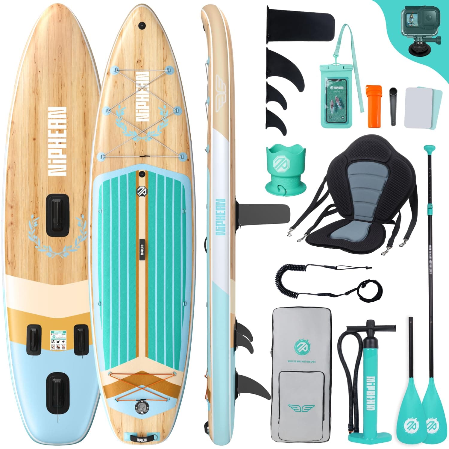Niphean (Extra Groß) Stand Up Paddling Board, SUP für 2+1 Personen/Familien, SUP Board mit (Anfängergeeignet) Balancierflügel, wasserdichte Handyhülle, Stand Up Paddle Board for Adults, Geschenkideen