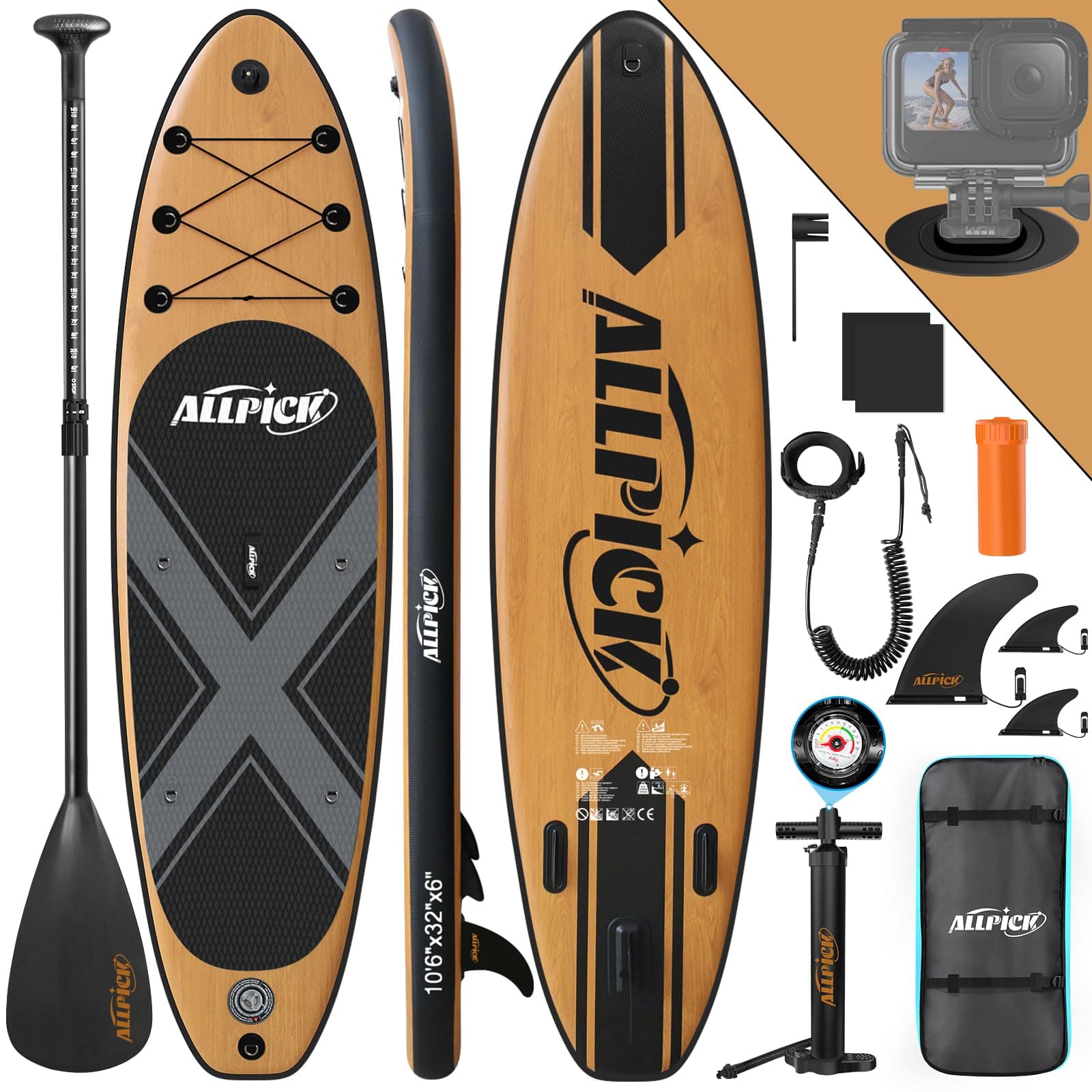 ALLPICK Premium SUP Board Set, Stand Up Paddling Board Aufblasbar, Mit Universal Kamerahalterung, Komplettes Zubehör, Verstellbares Paddel, Anfänger, Fortgeschrittene, 200kg