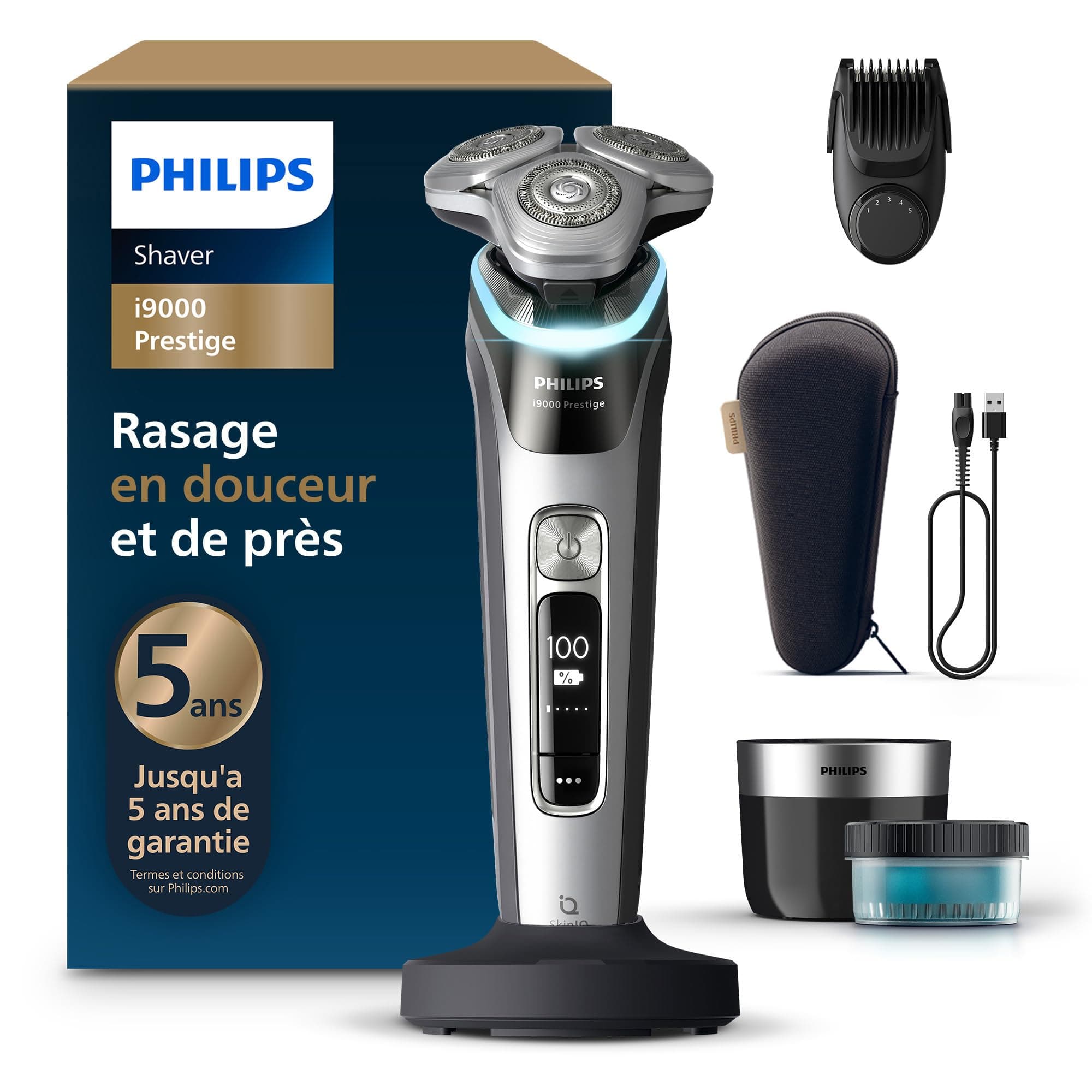 Philips Rasoir i9000 Prestige, Rasoir électrique sec et humide, Dark Slate Nova, avec technologie Skin IQ, système Triple Lift & Cut, lames rotatives 360 Dual SteelPrecision, styler à barbe, XP9204/33