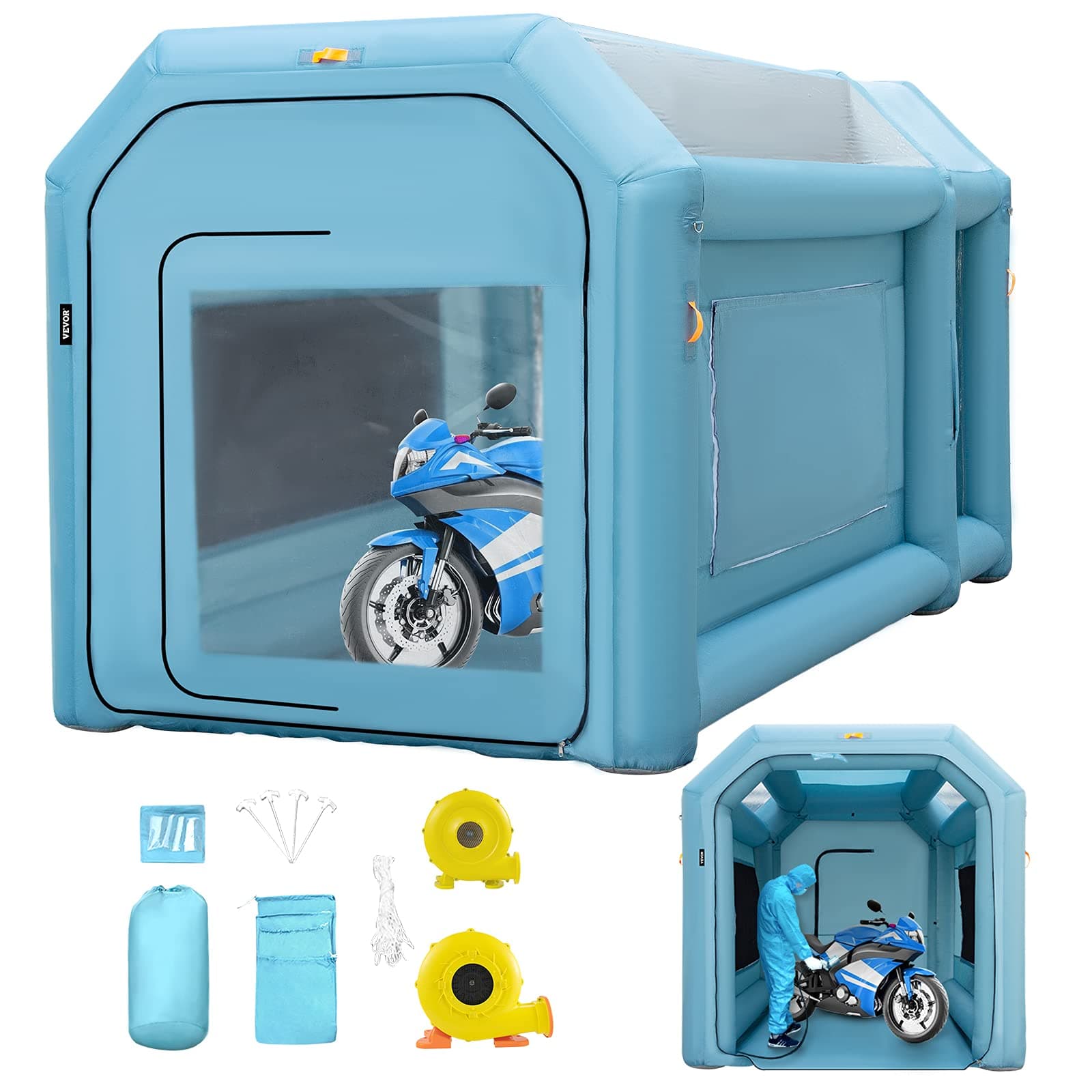 VEVOR Cabine Peinture Gonflable 4x2,5x2,5 m Tente Tunnel Pulvérisation Garage Tissu Oxford 210D PVC Souffleur Gonflage 680W Souffleur Ventilation 330W Tente pour Mécaniciens Automobile Pièces Voiture