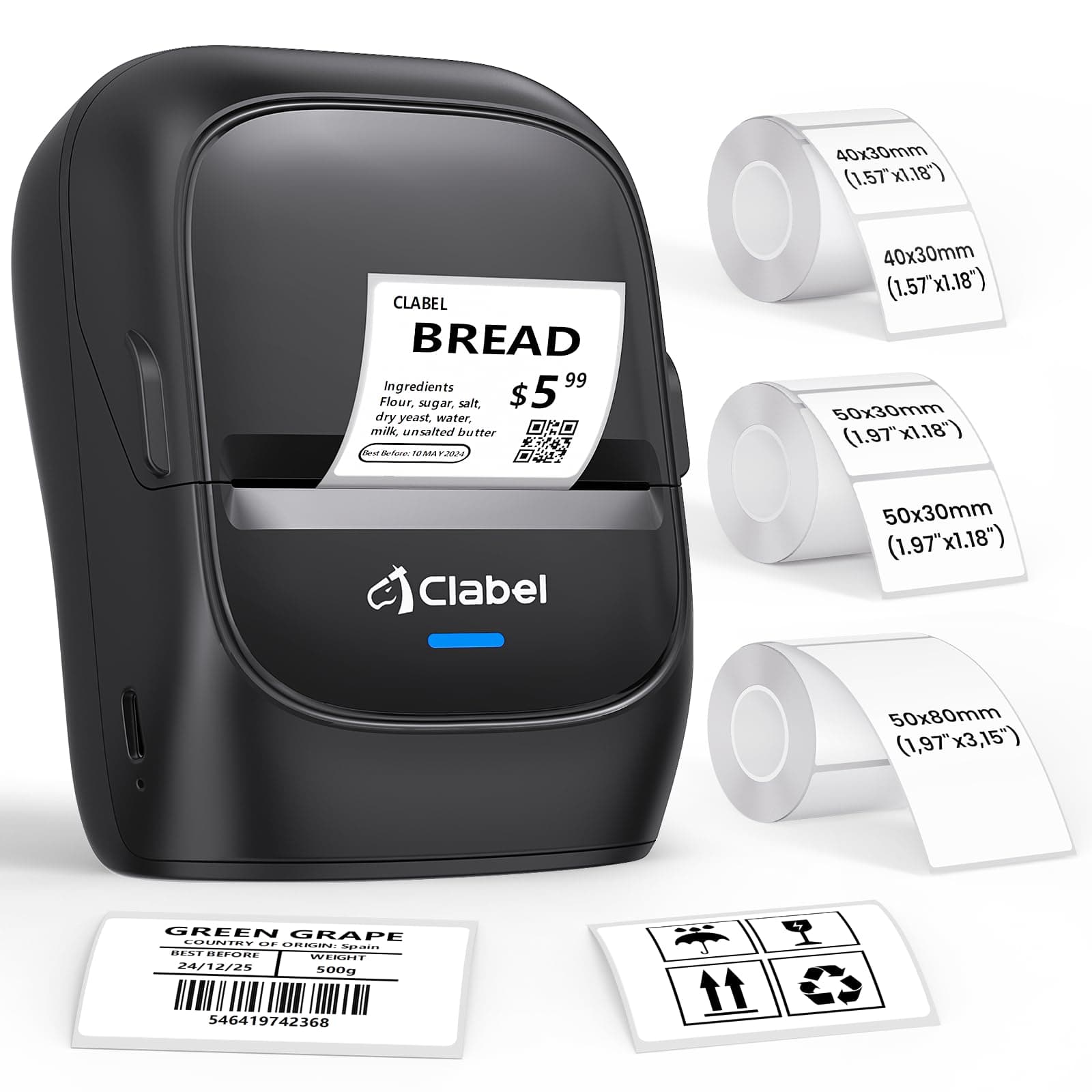 CLABEL 221B Etichettatrice Adesive Portatile Termica Bluetooth con 3 Rotolo | Stampante Etichette Adesive di Terze parti 25-50mm, iOS Android PC, Prezzi Codici a Barre QR Code Ufficio Negozio Scuola