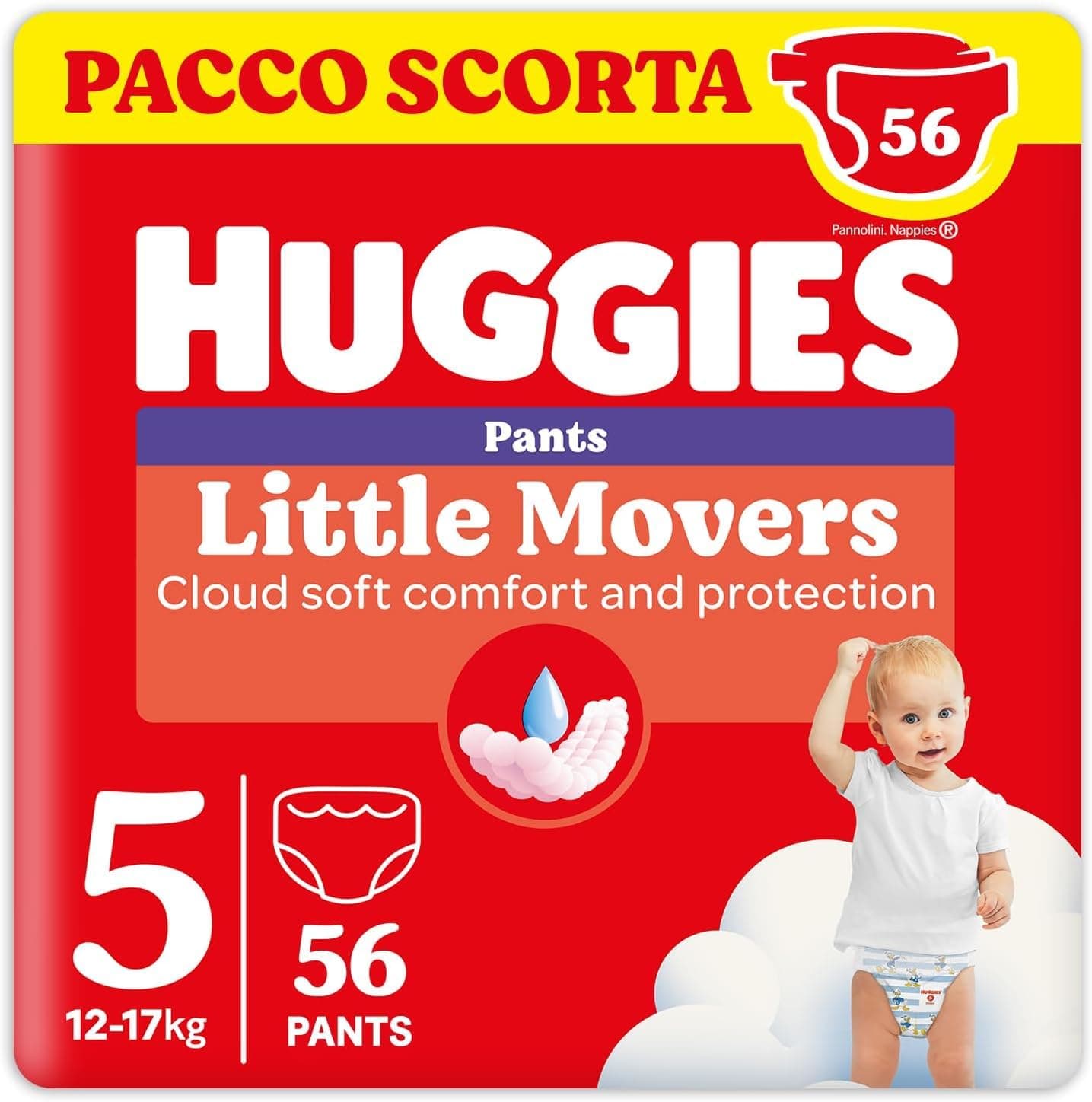 Pannolini Huggies Little Movers Mutandine Taglia 5 (12-17 Kg), Ultra assorbenti, Protezione completa, 56 pezzi