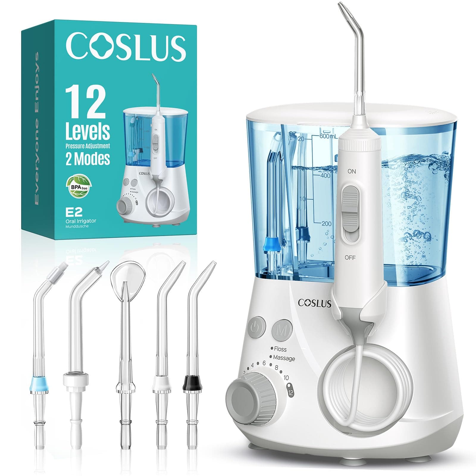 COSLUS Irrigador Dental Sobremesa Profesional: 2 Modos y 12 Presión Ajustable - 600ml Irrigador Bucal para Adultos Usuarios de Ortodoncia/Encías Sensibles -Uso Hogar Baño con 5 Boquillas - Blanco