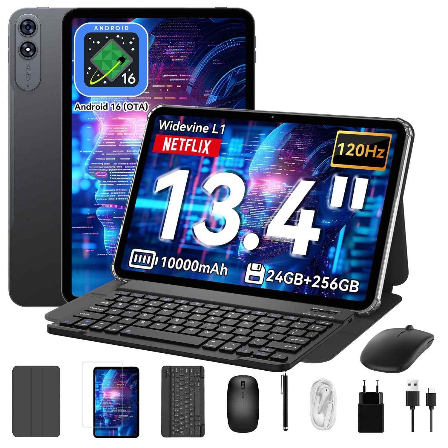 T60 Pro Tablette 13,4 Pouces avec Clavier,Tablette Android 16,120Hz Display,24 Go RAM + 256 Go ROM,Octa-Core Tablet,10000mAh, WideVine L1/GPS/Gemeni AI,Tablet avec Stylo Souris,Garantie 4 Ans