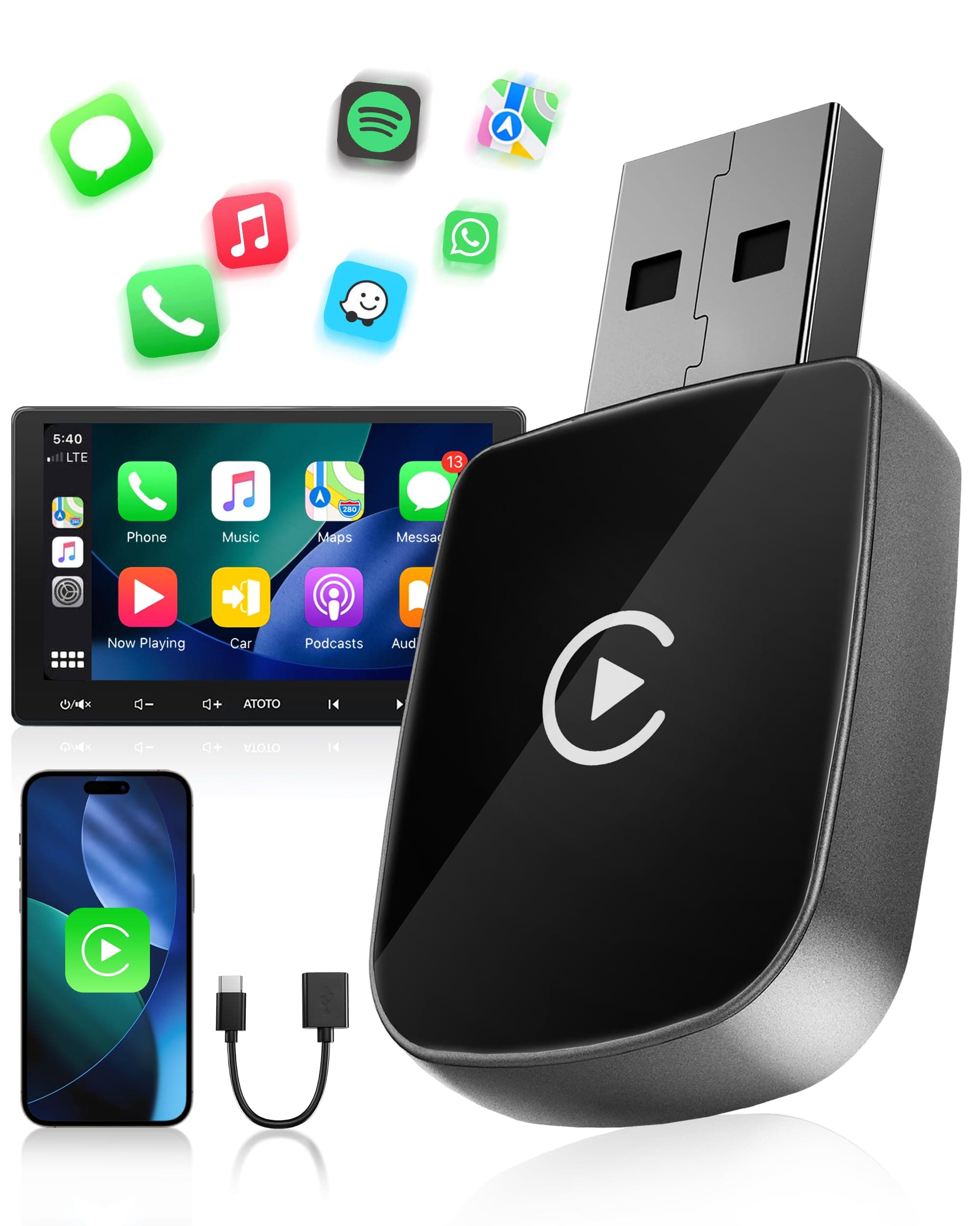 WityEye Adaptador CarPlay Inalámbrico, Car Play Inalambrico para Apple iPhone iOS 10+, Bluetooth V5.3, Doble Núcleo WLAN a 5.8 GHz, Alta Velocidad y Estable