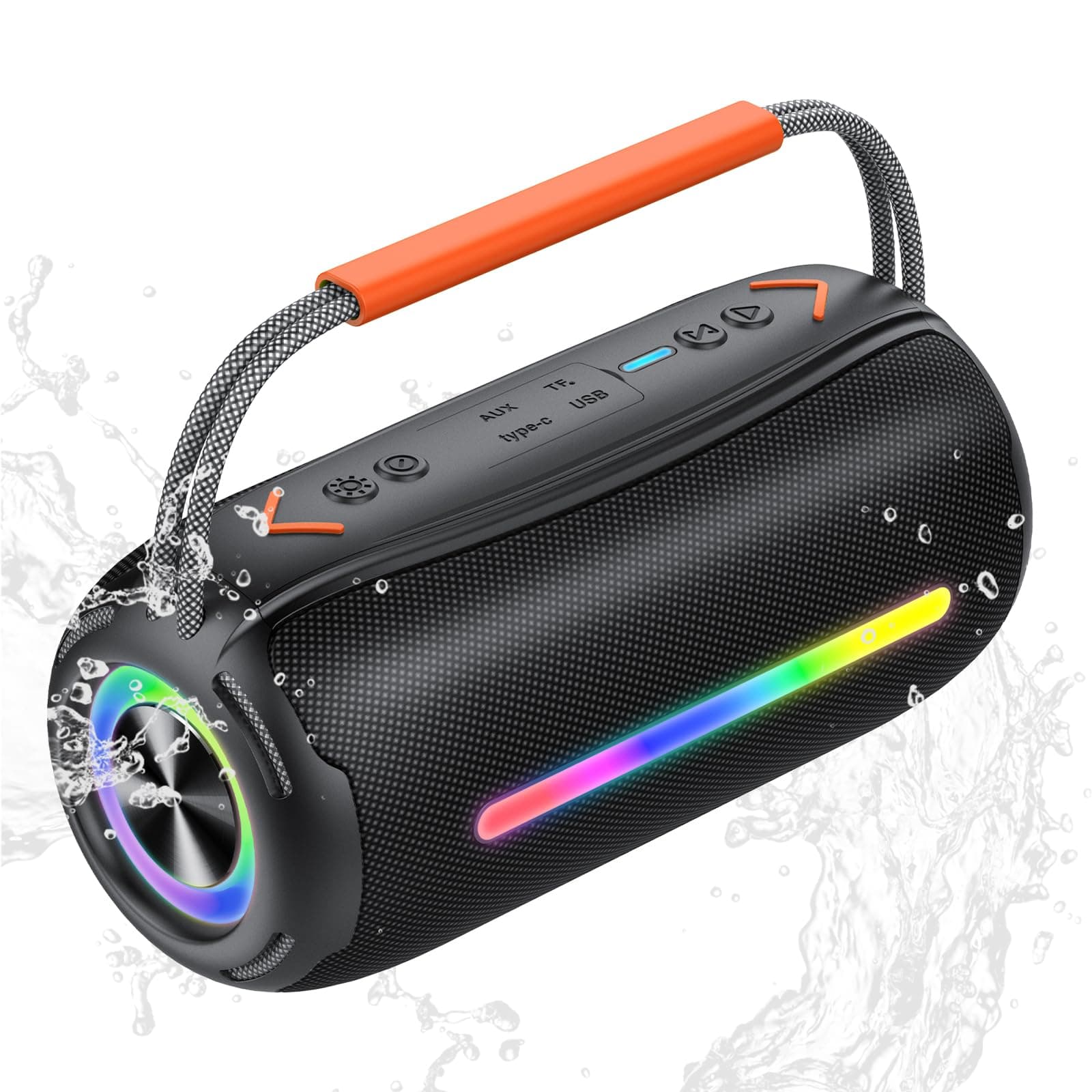 aowoka Altavoz Bluetooth Portátil 40W con Asa, Altavoz Potente con Subwoofer Doble, Bluetooth Speaker Impermeable IPX7, con Luz RGB, TWS/AUX/TF - Ideal para Fiestas, Viajes y Exteriores