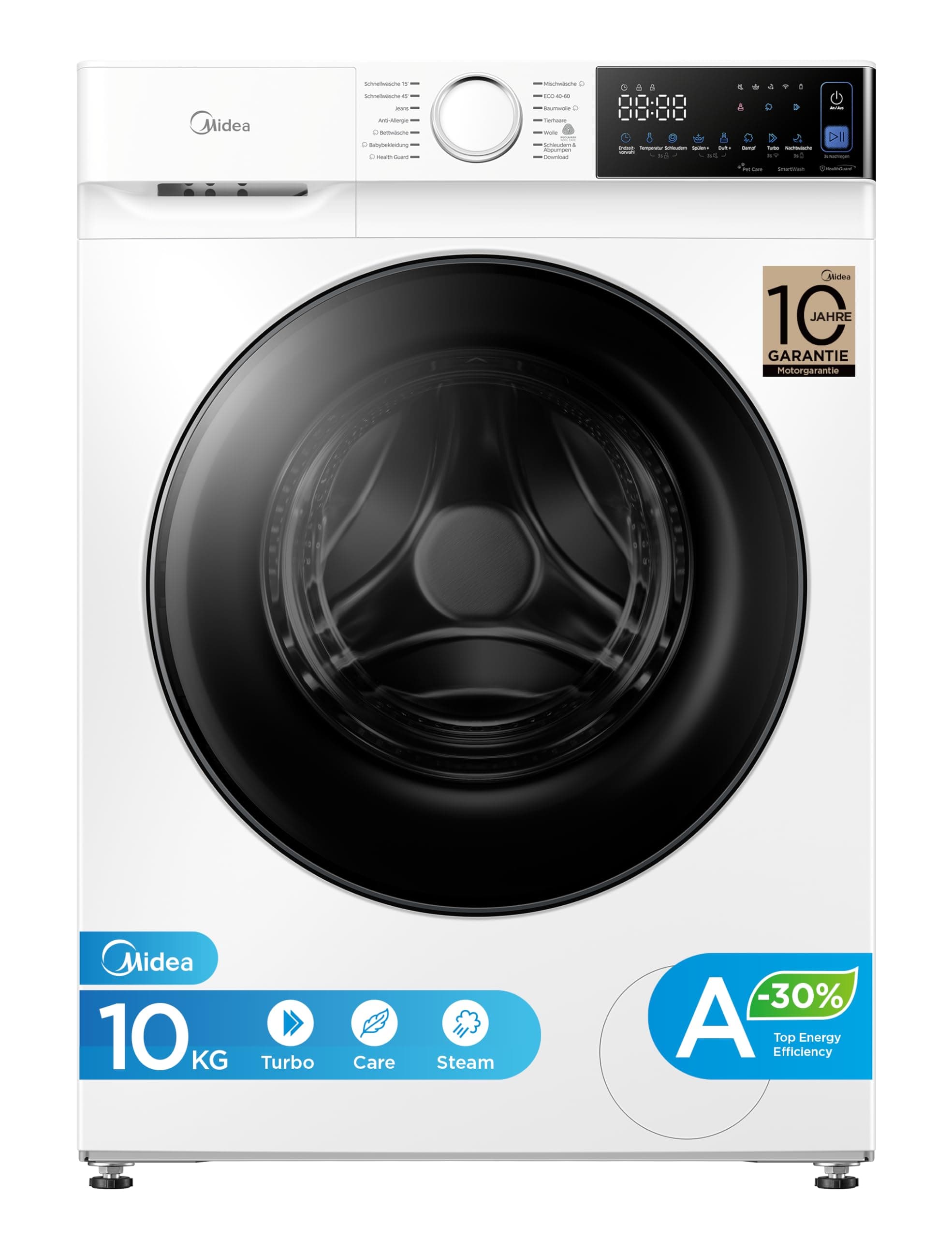 Midea Waschmaschine V5 Series, 10 kg | EEK A-30% | 1400 U/min | Steam Wash | 15/45 Min Schnellwäsche | Turbo Wash | Woolmark & Outdoor | BLDC Inverter Motor | APP-Steuerung | MFV5EW100WBA30 | Weiß