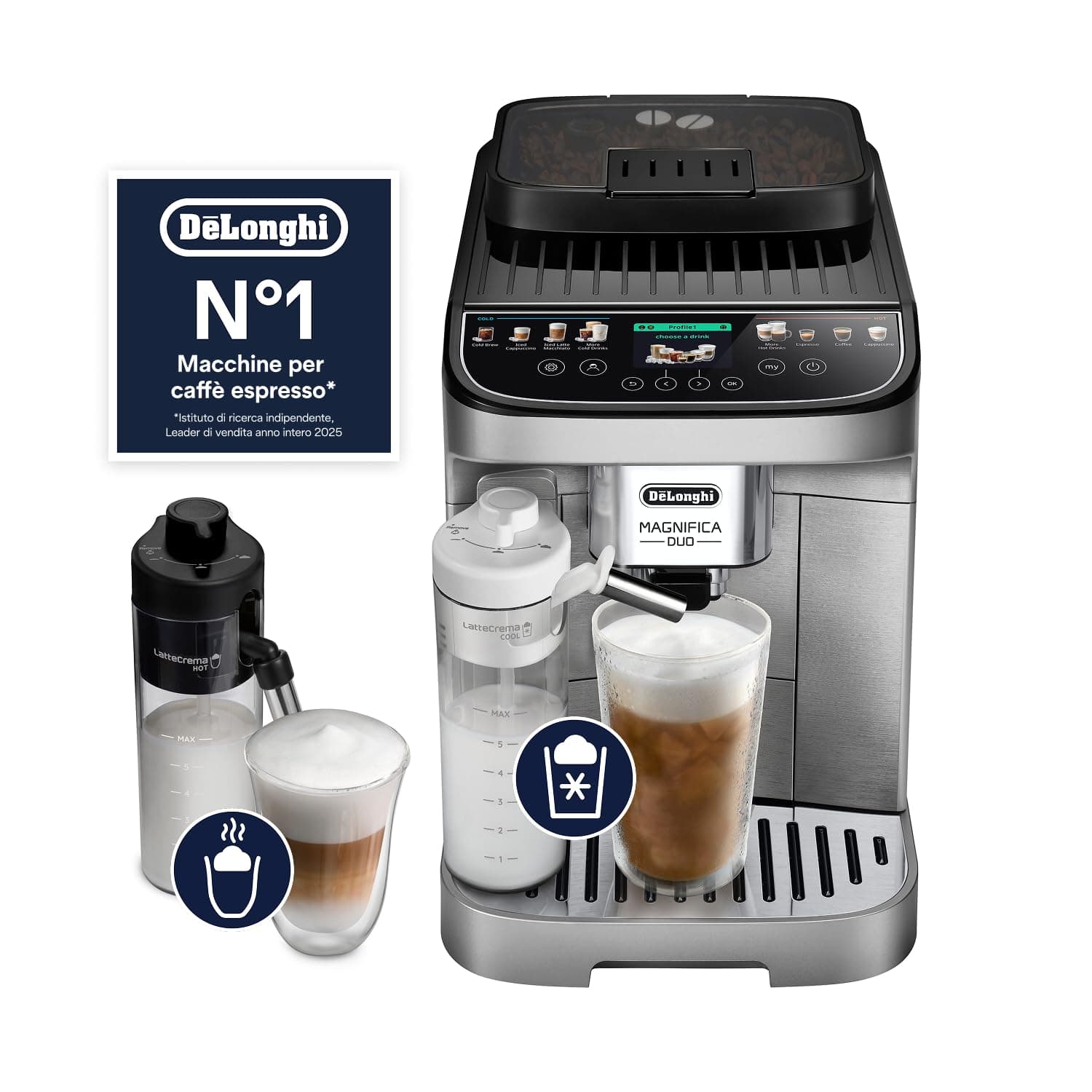 De'Longhi Magnifica Duo (ECAM332.80.SXB) | Macchina Caffè, Montalatte Automatico LatteCrema Hot & Cool, Bevande Calde Fredde, Cold Brew, Display a Colori ECAM332.80.SXB