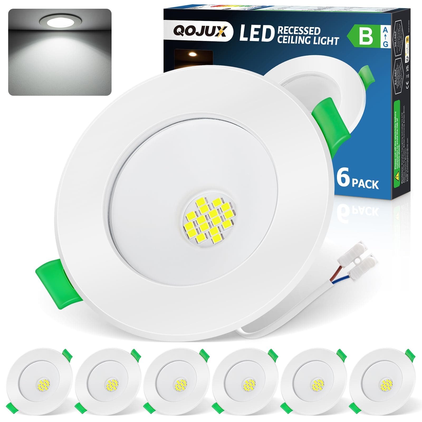 QOJUX 6 Pack 5W Downlight LED Techo Empotrable Luz Frío 6500K Clase B, 800 lúmenes Focos LED Empotrables Techo Extra Planos 230V IP44 Ojos de Buey Led para Techo Baño, Corte Ø68-80mm, No Regulable