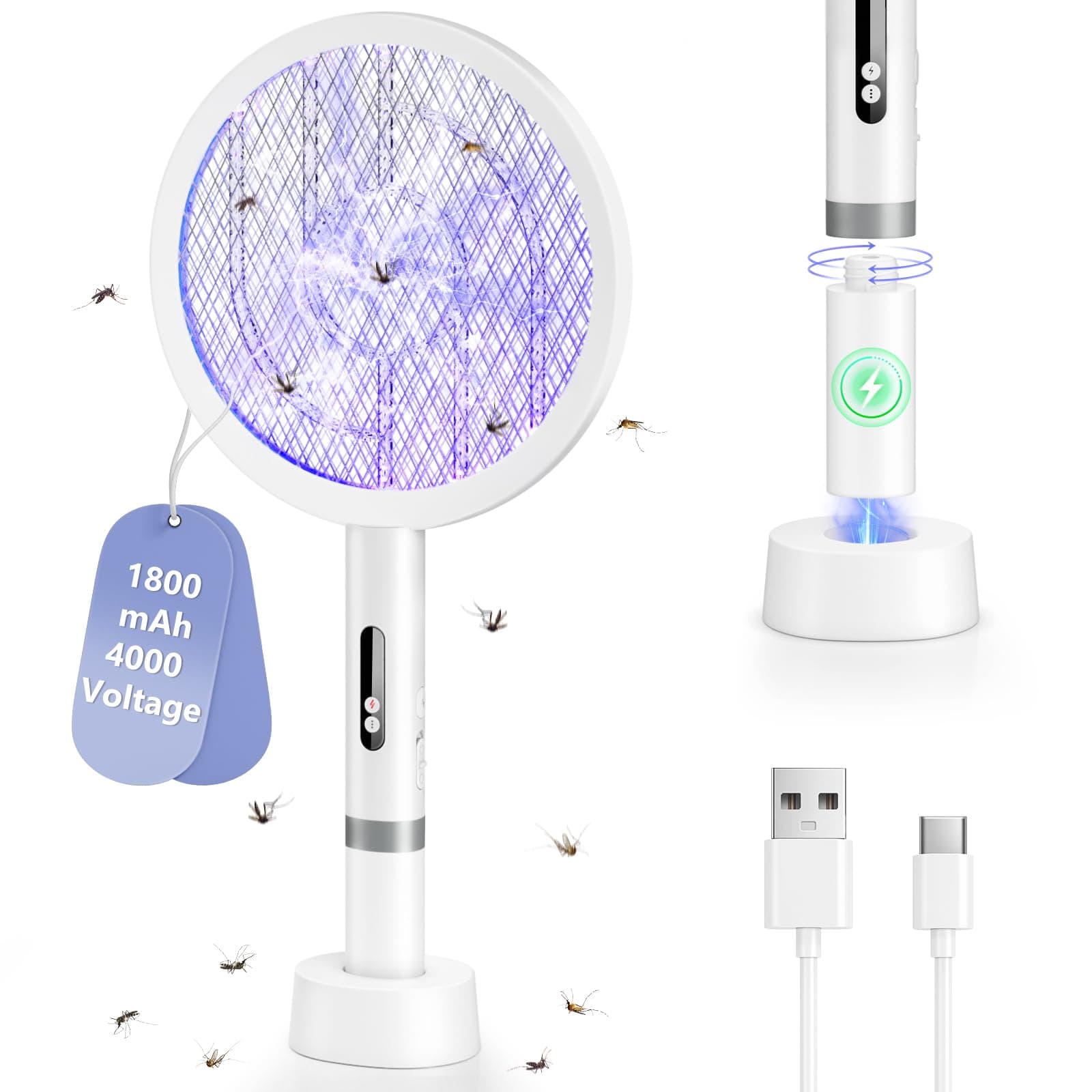 BKXCHA 2 in1 Raqueta Mosquitos Electrica, 4000V Raqueta Matamoscas Electrica Fuerte, 1800mAh USB-C Recargable Raqueta Antimosquitos Portátil y Lámpara UV con Malla Segura de 3 Capas, Dos Modos, Blanco