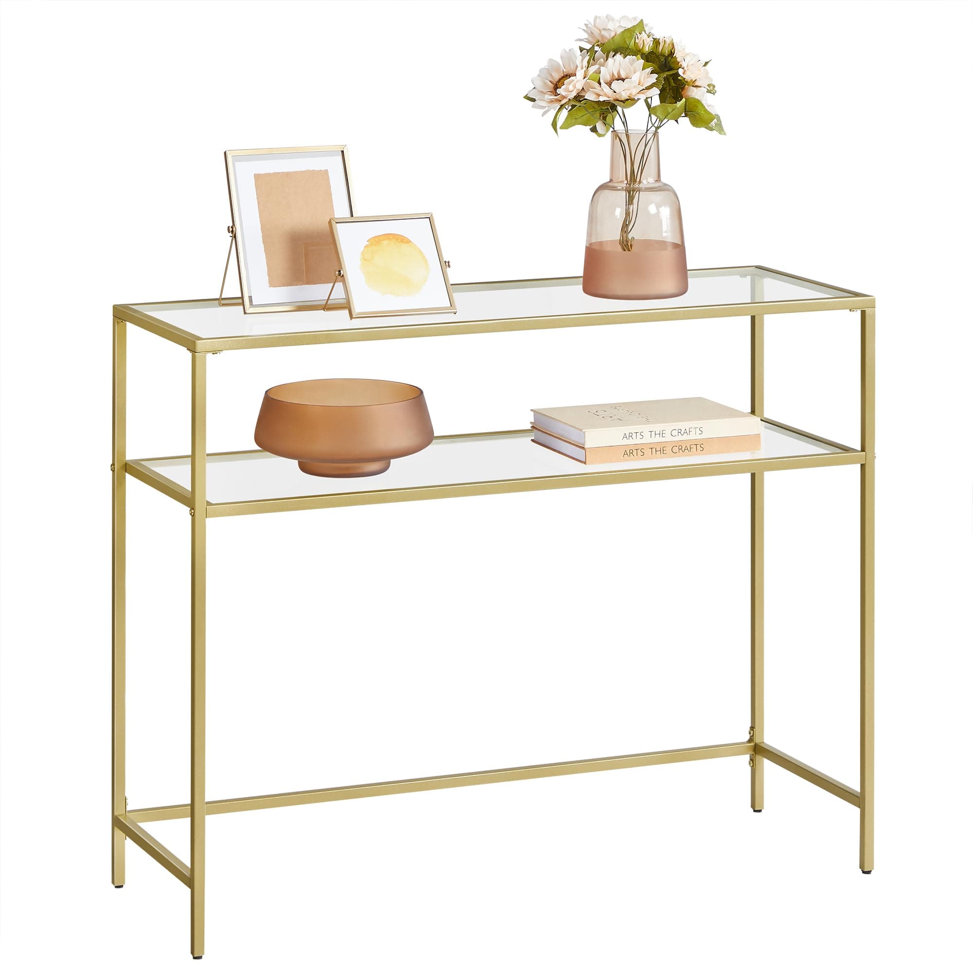 VASAGLE Consolle Ingresso, Vetro, Acciaio, 100,5 x 35,6 x 80 cm, Oro | Tavolo Consolle, Telaio in Acciaio, Piedini Regolabili, Oro Pallido e Vetro Trasparente, Collezione BARIS LGT025A01