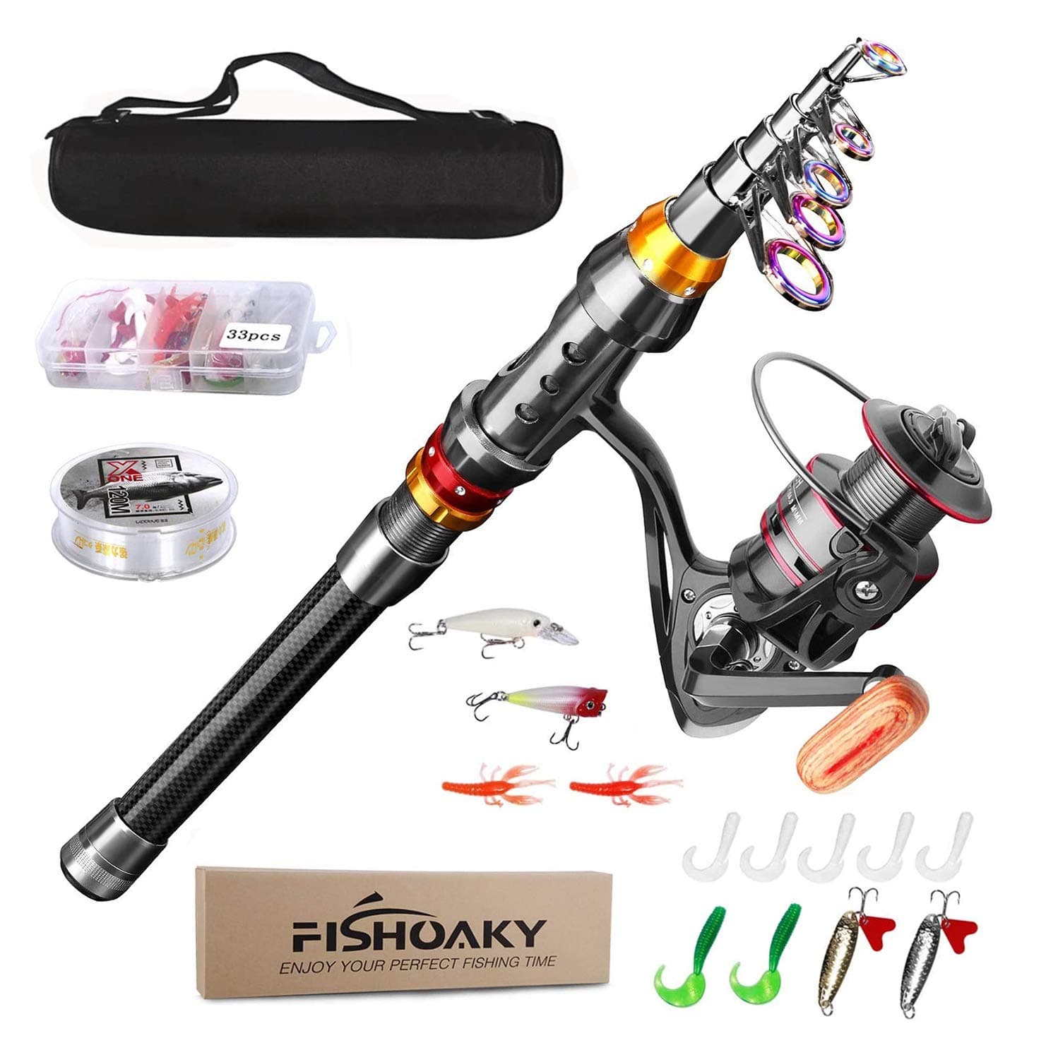 FishOaky Juego de caña de Pescar, caña de Pescar telescópica de Fibra de Carbono y Carrete con Carrete de Cebo de línea, Carrete de Carrete para Adultos, Viajes, Agua Salada y Agua Dulce