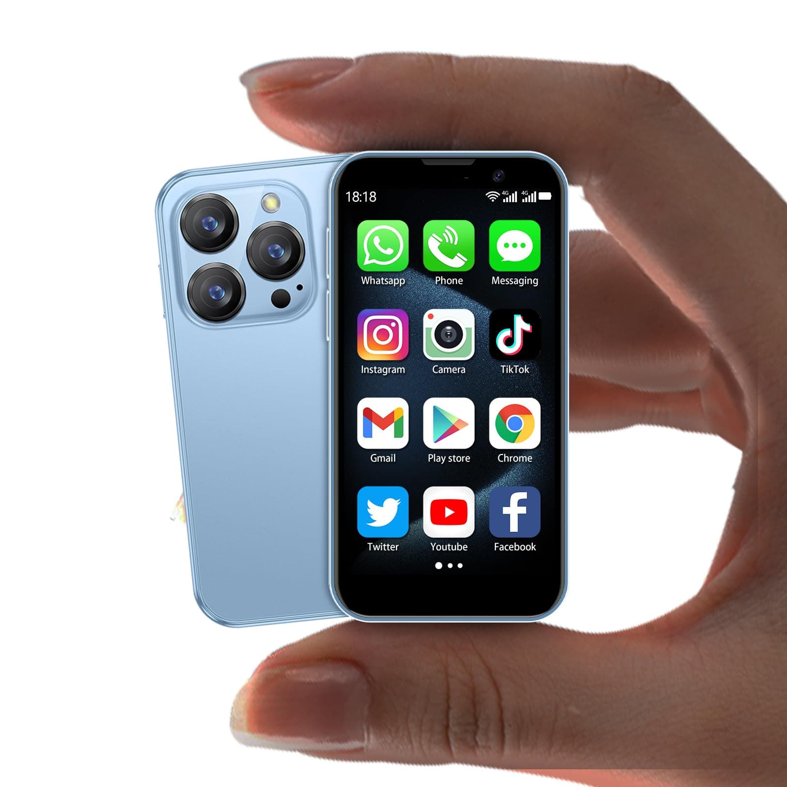 3,0" Mini Smartphone, téléphone Android Mini débloqué, Reconnaissance faciale, Double SIM, WiFi, GPRS, boîtier Ultra-Mince pour Enfants, téléphone Portable avec Quad-Core Bleu