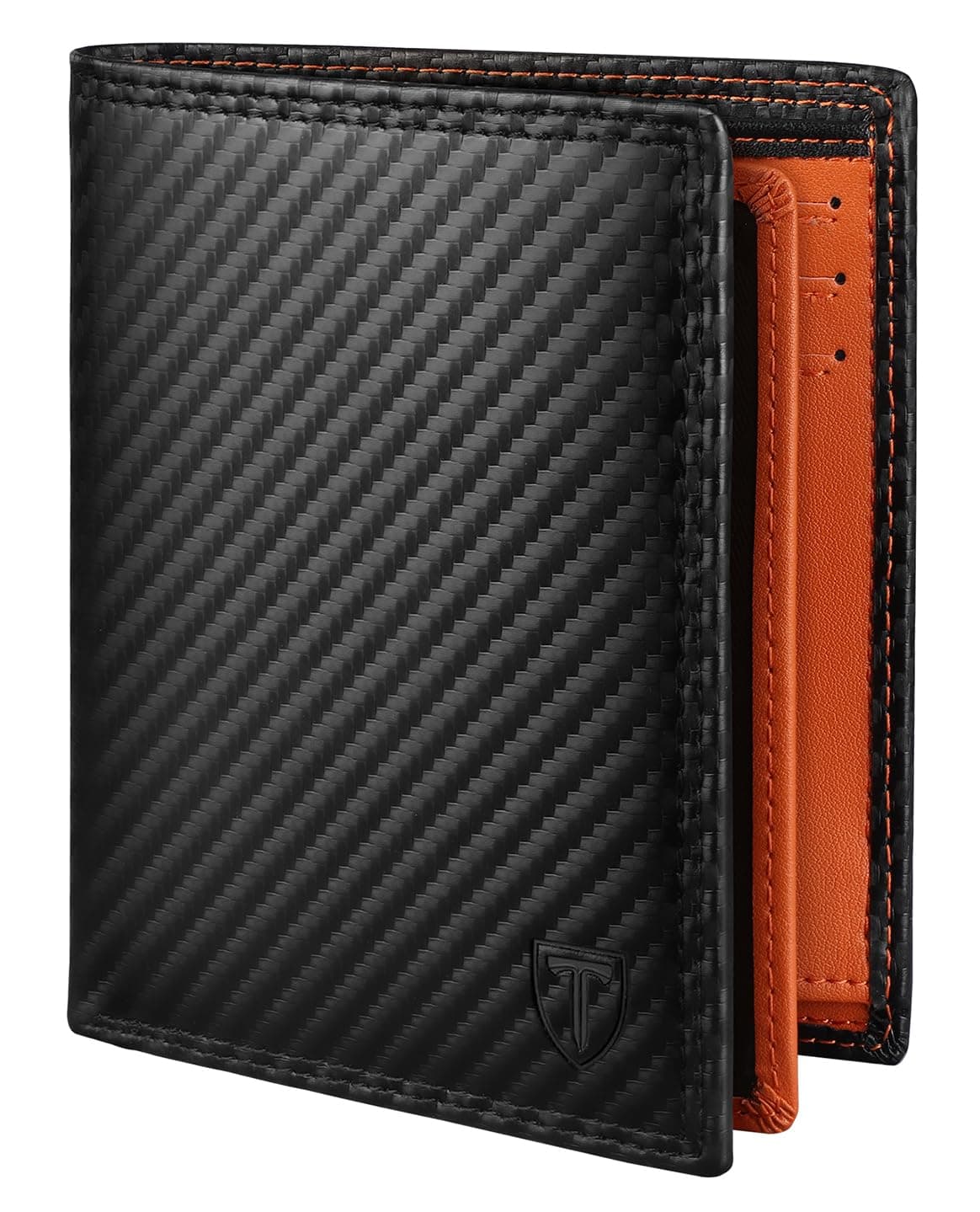 TEEHON Portefeuille Vertical pour Hommes en Cuir Carbone bloquant RFID avec 11 emplacements, 2 fenêtres d'identification, Porte-Monnaie, 2 Compartiments, à Trois Volets