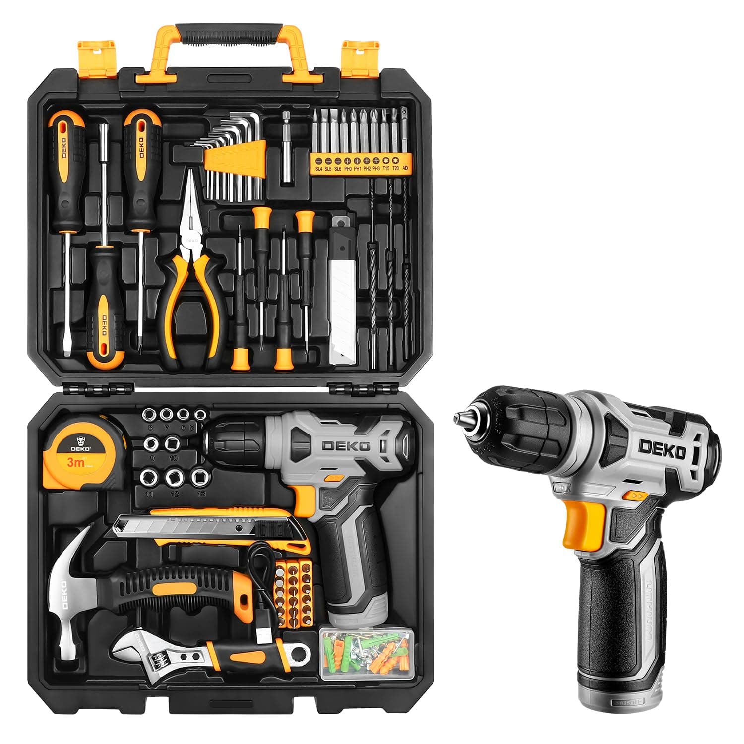 DEKO Caisse a Outil Avec Perceuse Visseuse Multifonction Sans Fil 8V, 126 Pièces Malette Outils complete, Ensemble d'Outils avec Perceusepour Réparation, Entretien et Travail