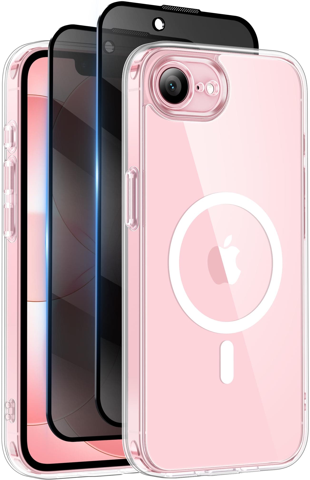 Helssitot Coque Magnétique pour iPhone 16e / iPhone 17e avec 2 Verre Trempé Anti-Espion Compatible avec Mag Safe Militaire Étui Housse Antichoc Bumper Militaire - Transparente