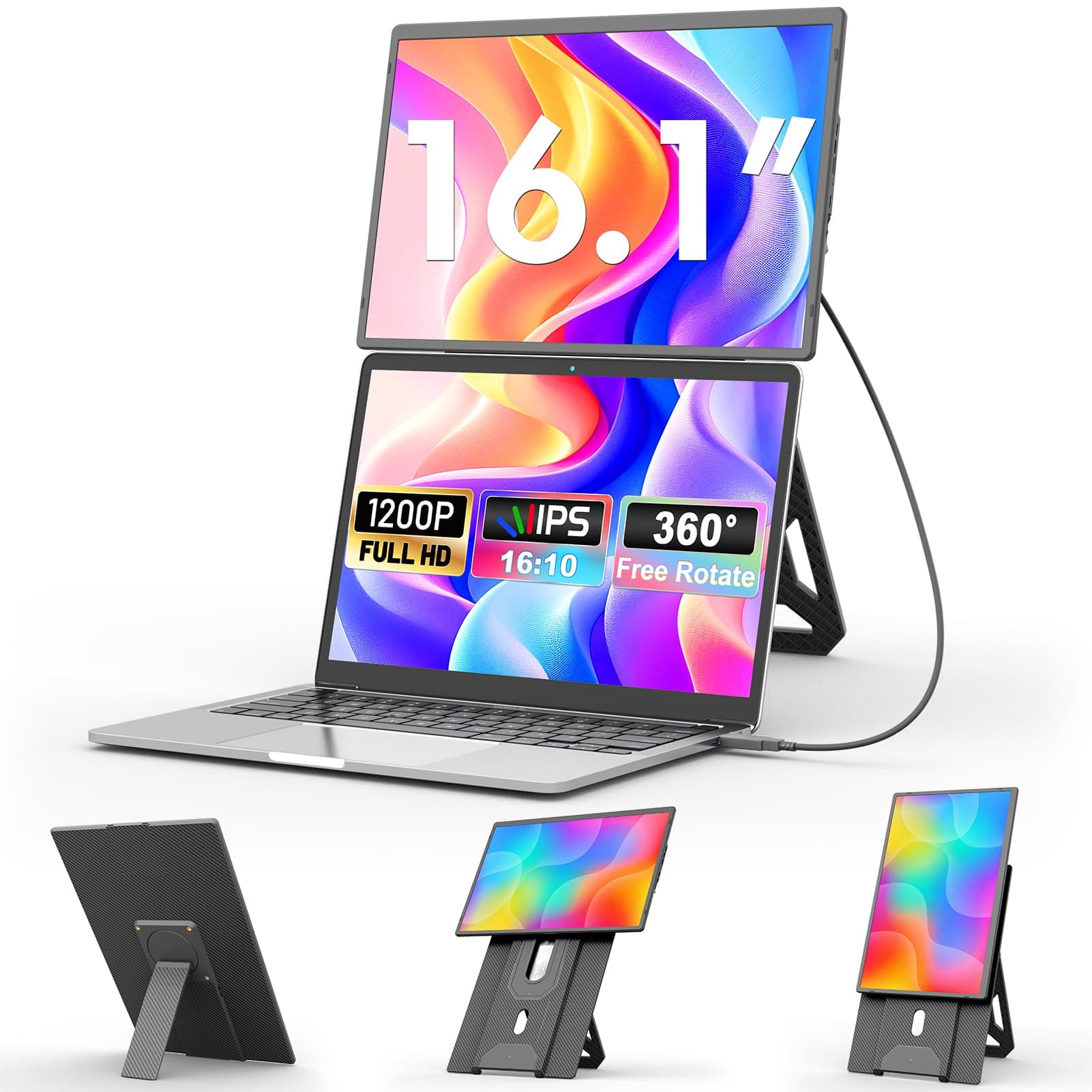domyfan Ecran Portable 16,1" FHD 1200P, Double écran avec Support Magnétique 360°, Extension d'écran pour PC Portable 13-17,3", Plug & Play pour Windows/Mac/PC/Xbox/PS5