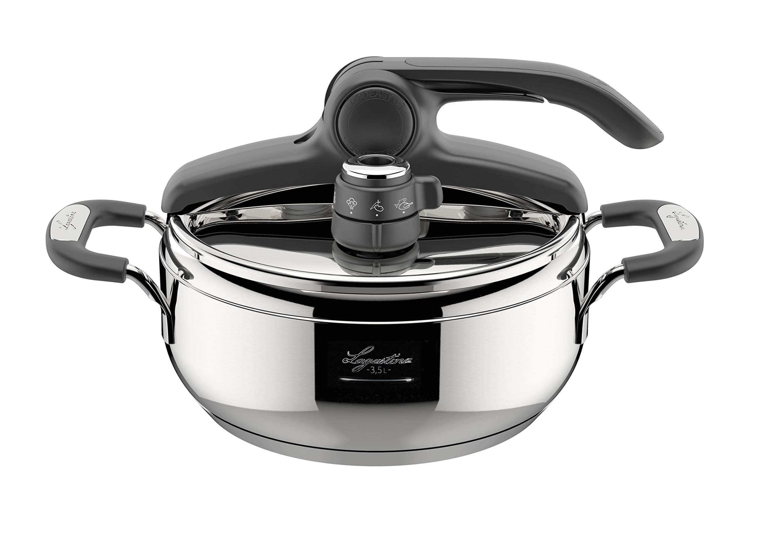 Lagostina Briosa LagoeasyUp Pentola a Pressione in Acciaio Inox 18/10 con Apertura Facile, Fondo Lagofusion e Valvola a Due Pressioni, Pentola a Pressione per Induzione e Gas, Capacità 3,5L