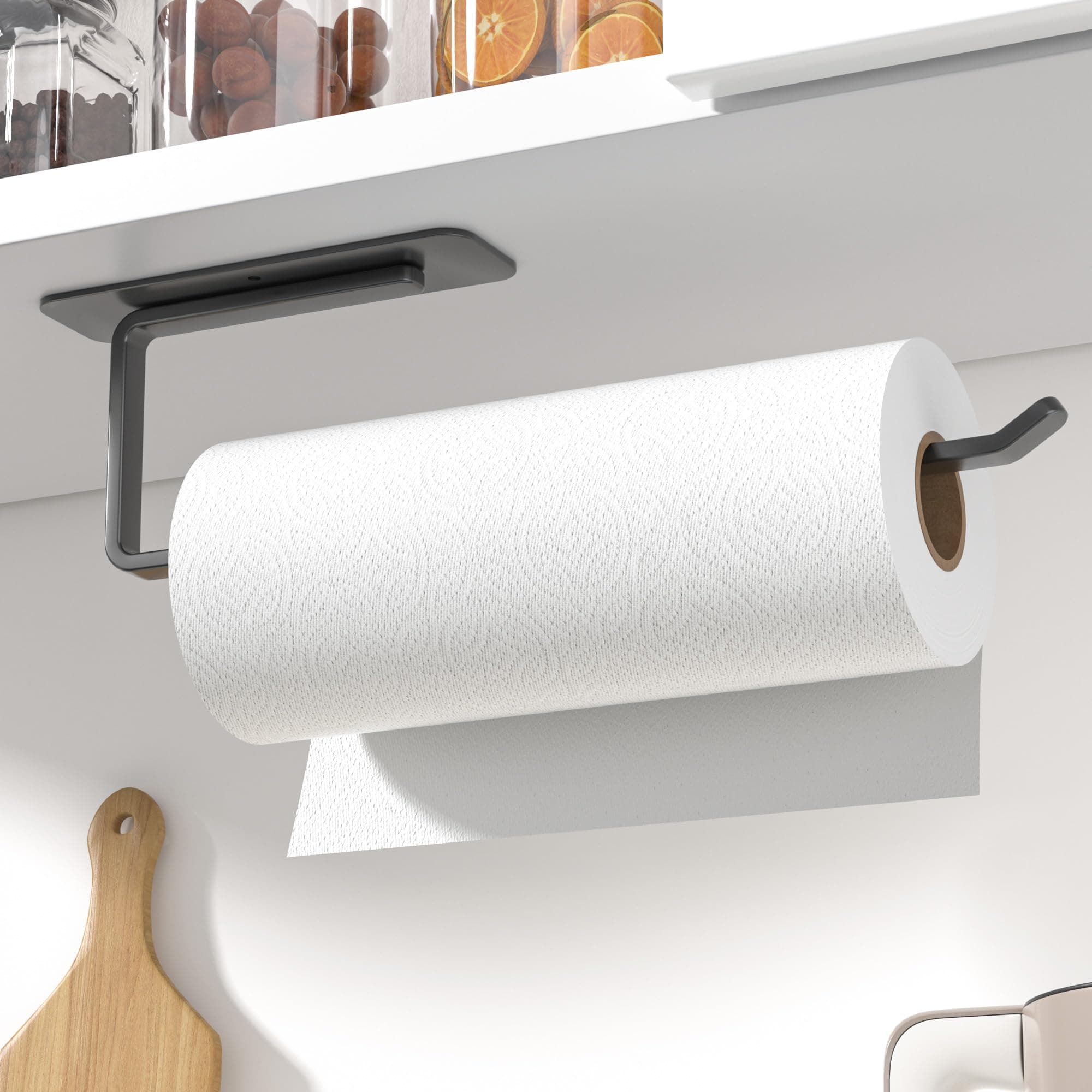 Susswiff Porta rotolo da cucina – autoadesivo o per forare sotto l'armadio - Porta rotolo da cucina nero per montaggio a parete - porta asciugamani di carta in alluminio aggiornato per cucina, bagno