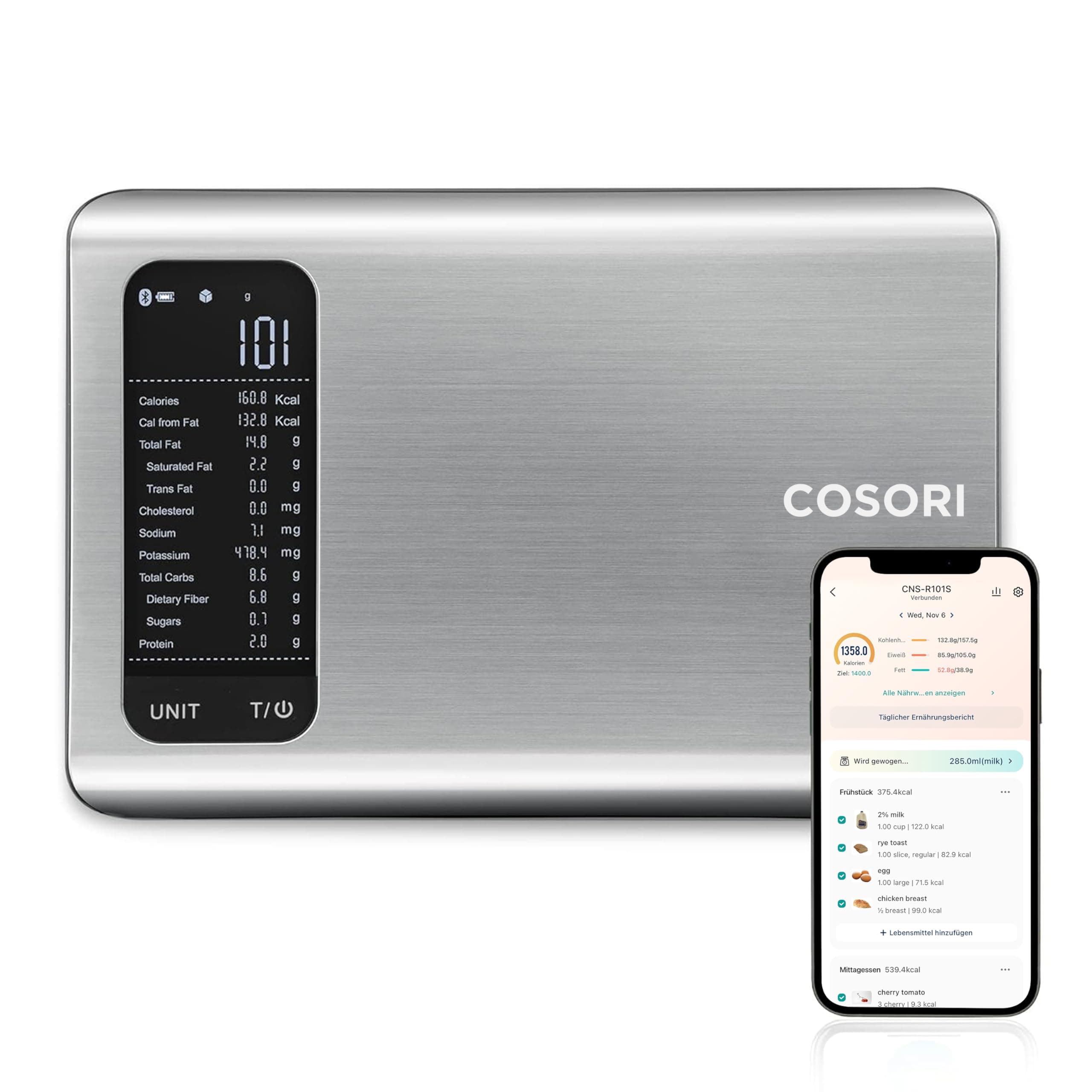 Cosori Edelstahl Küchenwaage digital,Waage Küche mit APP Nährwertberechnung | Ernährungswaage, App verfolgt 19 Nährstoffe, Kaloriendatenanalyse, Lebensmittelwaage, Kochen&Abnehmen&Babynahrung&Meal Prep