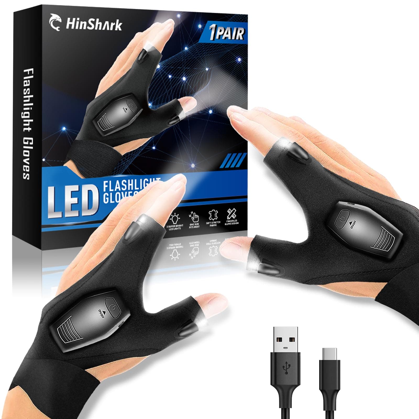 Hinshark Idee Cadeau Fete des Peres, Rechargeable Pêche Gants LED, Idee Cadeau Papa Anniversaire Homme Original Fête des Pères, Gadget Insolite Utile