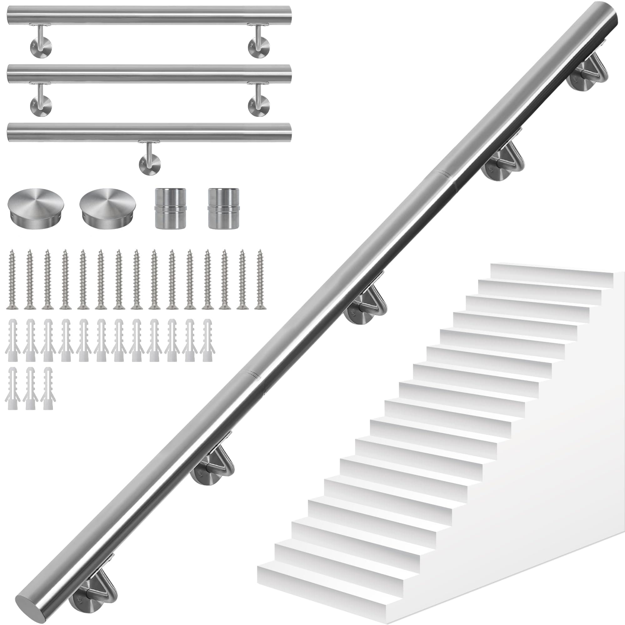 OUUTMEE 300CM Main Courante pour Escaliers en Acier Inoxydable, Rampe d'Escalier Murale avec Supports, Intérieure/Extérieure Main Courante pour Escaliers, Grenier, Porche, Garage et Terrasse (Argent)