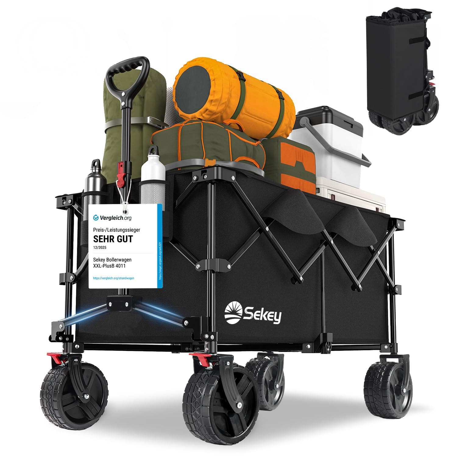 Sekey XXL Plus Carrello Spiaggia con Freni 200L 150KG, Carrello Pieghevole Ruote Grandi Extra Tutti i Terreni, Brevettato Pieghevole da QUATTRO Direzioni SE4011, Nero Profondo