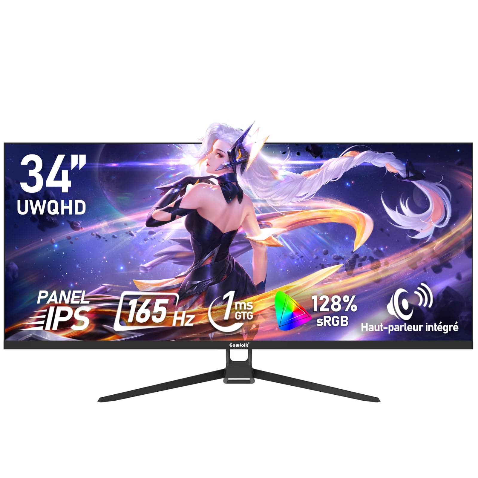 Gawfolk Écran PC IPS Ultra-Large de 34 Pouces,Moniteurs de Jeu 165Hz, 21:9 UWQHD (3440x1440), Adaptive Sync, 128% sRGB, Haut-Parleur intégré,DisplayPort, HDMI, VESA 75 * 75MM- Noir