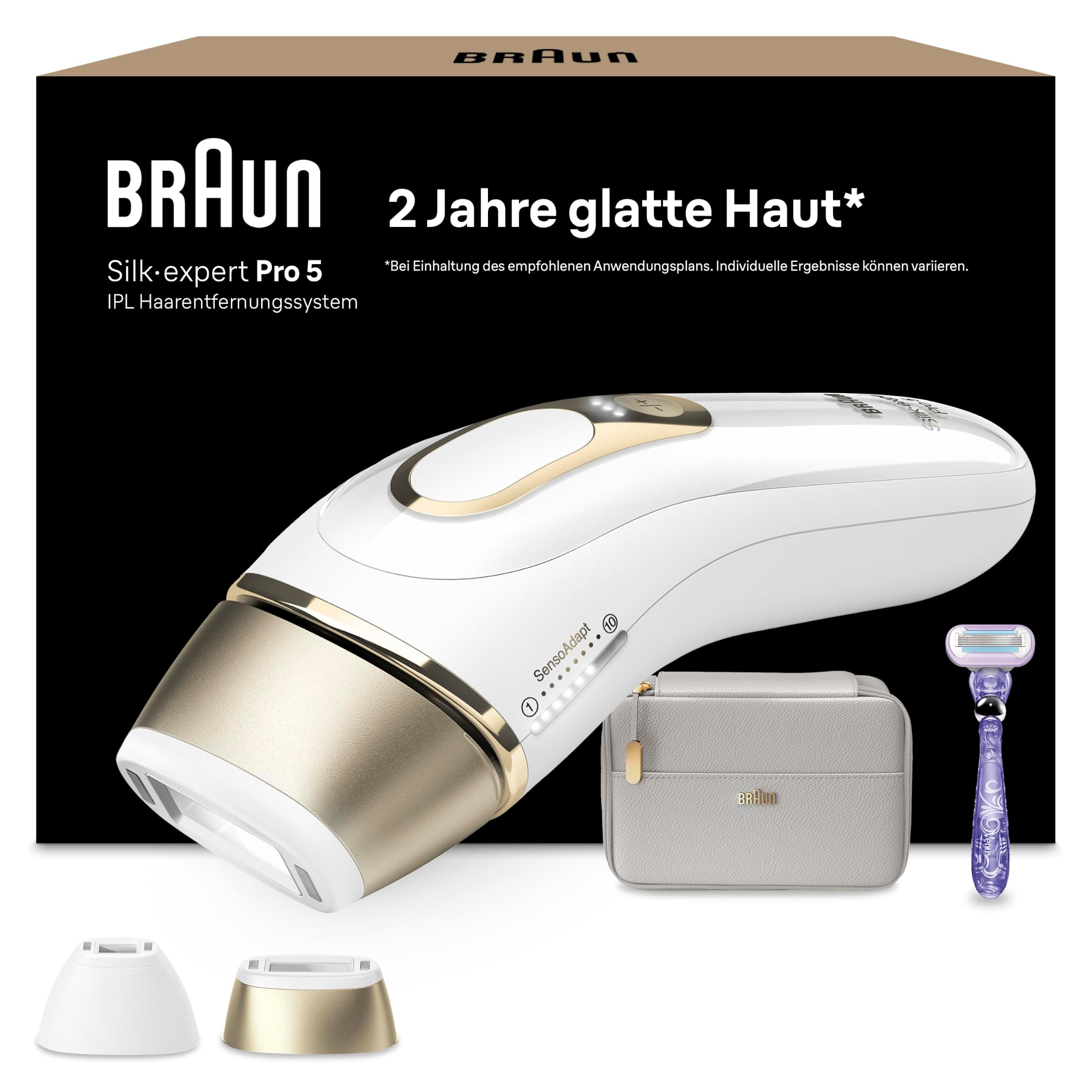 Braun IPL Silk·expert Pro 5 – IPL Geräte Haarentfernung, dauerhaft und schmerzfrei Haarentfernung für Zuhause – Etui mit Gillette Venus Rasierer, 2 Aufsätze, Designed In Germany – PL5157, Weiß/Gold