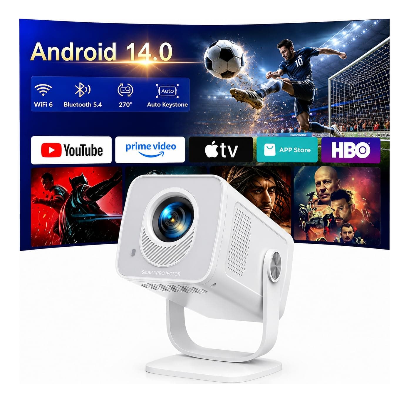 Proyector Portátil【Android 14.0 & App Integrada】 Proyector 4K/1080P Soporte Tiro Corto, Auto Keystone, WiFi 6 Bluetooth 5.4, TOPTRO MiniProyector Rotación 270° con Soporte Incluido para Cine en Casa