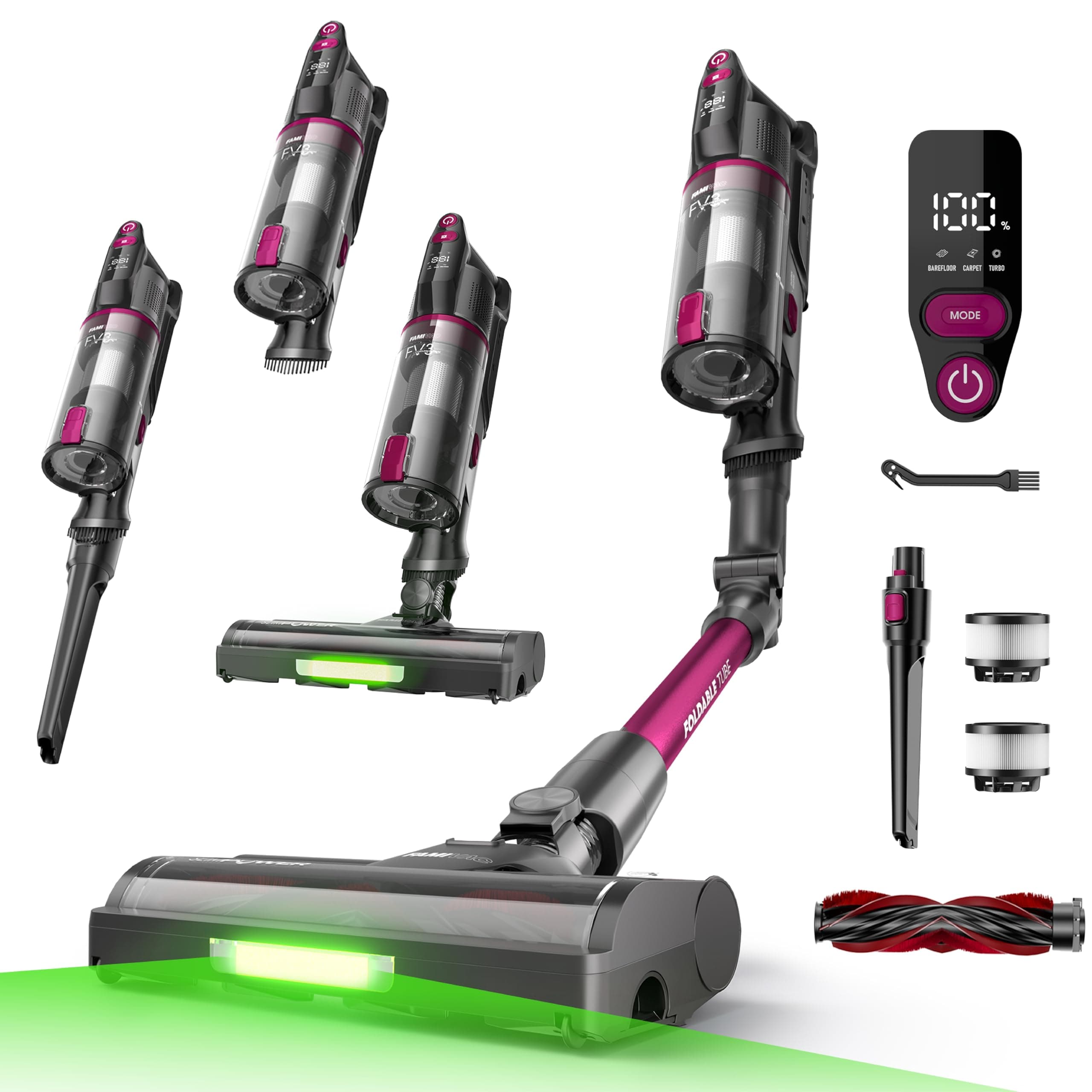 FAMIVAC FV3 Aspirateur Balai sans Fil 60KPa/50Min/120㎡, Tube Pliable, Autoportant à Brosse Anti-Enchevêtrement, Lumière Verte, Aspirateur à Main Puissant pour Sol Dur/Moquette/Poils Animaux/Voiture