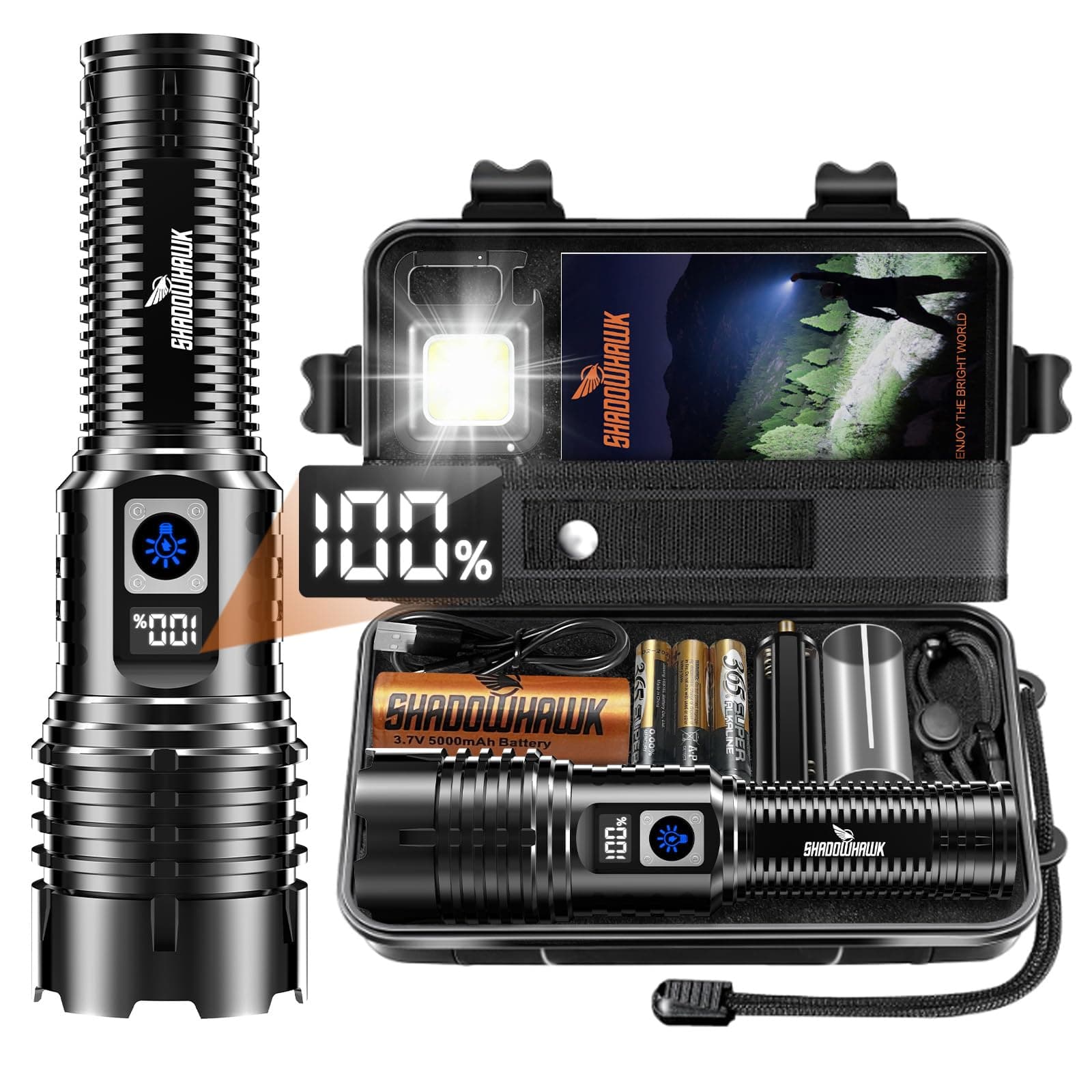 Shadowhawk Torcia LED Potente Professionale Ricaricabile 1000000 Lumens | USB Ricaricabile, XHM77.2, IP67, 5 Modi,Zoom, Torcia Tattica Militare, Alta Potenza, per Campeggio, Trekking, Emergenza