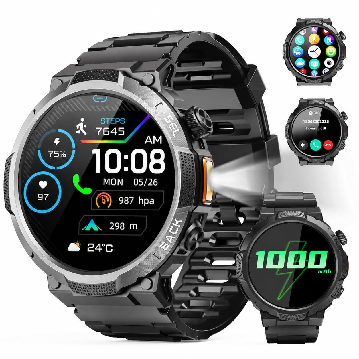 Soudorv Montre Connectée Homme, Militaire Smartwatch avec LED Lampe, Noir | 1000mAh, 1.53" HD avec Appel Bluetooth, Etanche IP68, Fréquence Cardiaque, Sommeil, 110+ Sportifs, Montre pour Android iOS