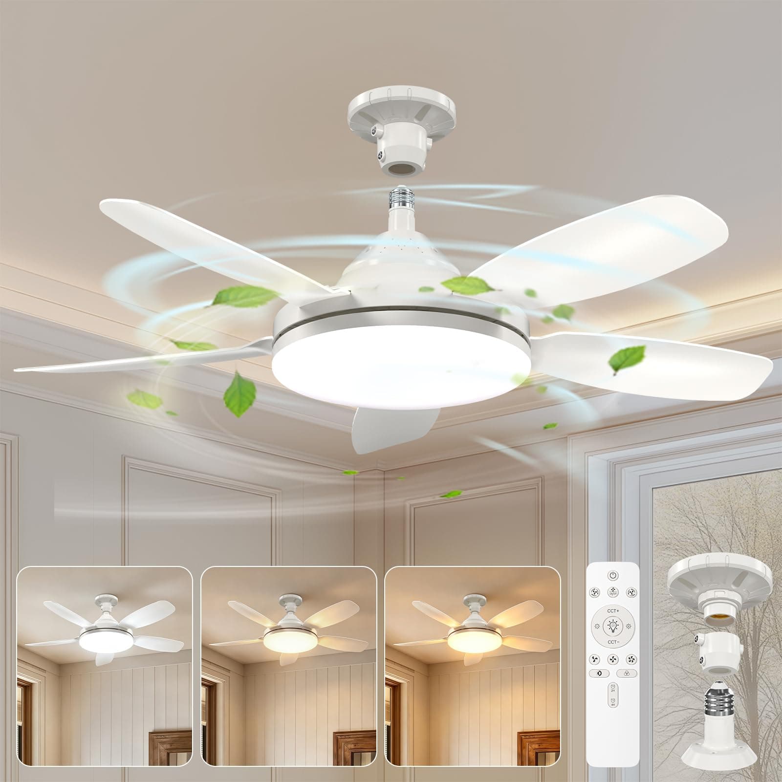 GOODEA Ventilateur de Plafond avec Lumière et Telecommande 81cm, E27 & 5 Pales à Encliquetage, 3 Couleurs & 2500LM Très Lustre Ventilateur Plafond Silencieux Minuterie Mémoire pour Salon Chambre