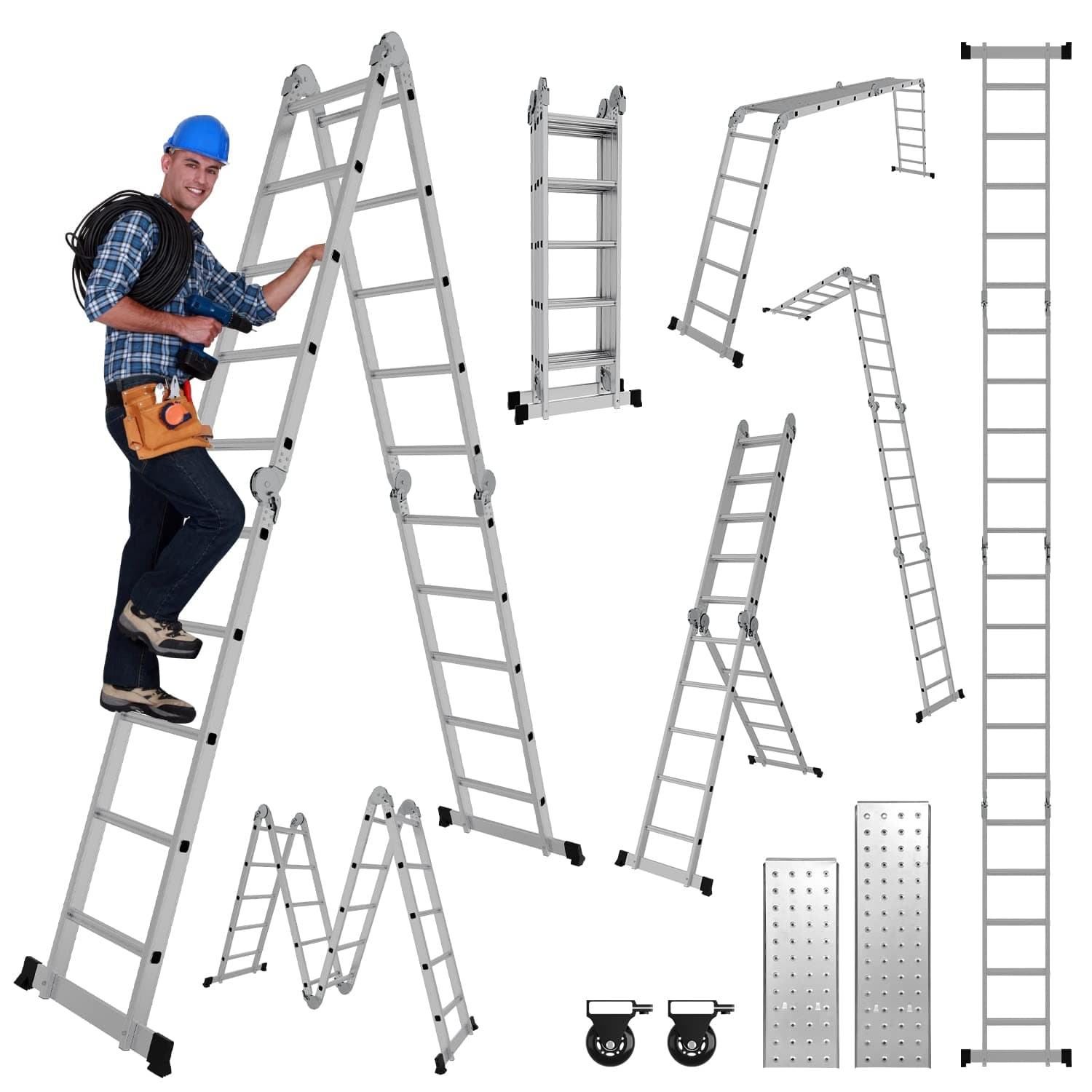 Joparri Escalera Multiusos 4 x 5, 582 cm 7 en 1 de Aluminio multifunción Escalera Plegable con 2 Placas Metálicas, para el hogar Escalera de Trabajo Plataforma, Carga de 150 kg