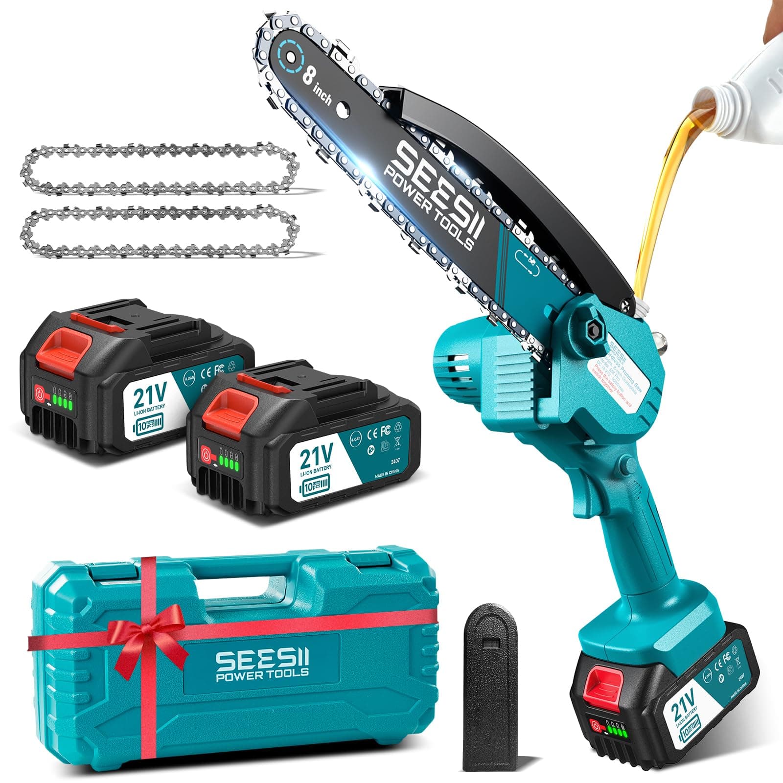 SEESII 8 Pouces Mini Tronçonneuse à Batterie 2x4000mAh, Tronçonneuse Électrique sans Fil avec Injecteur de Lubrifiant et Chaîne de Remplacement, Mini Scie à Chaîne Électrique pour Jardin, CH820+