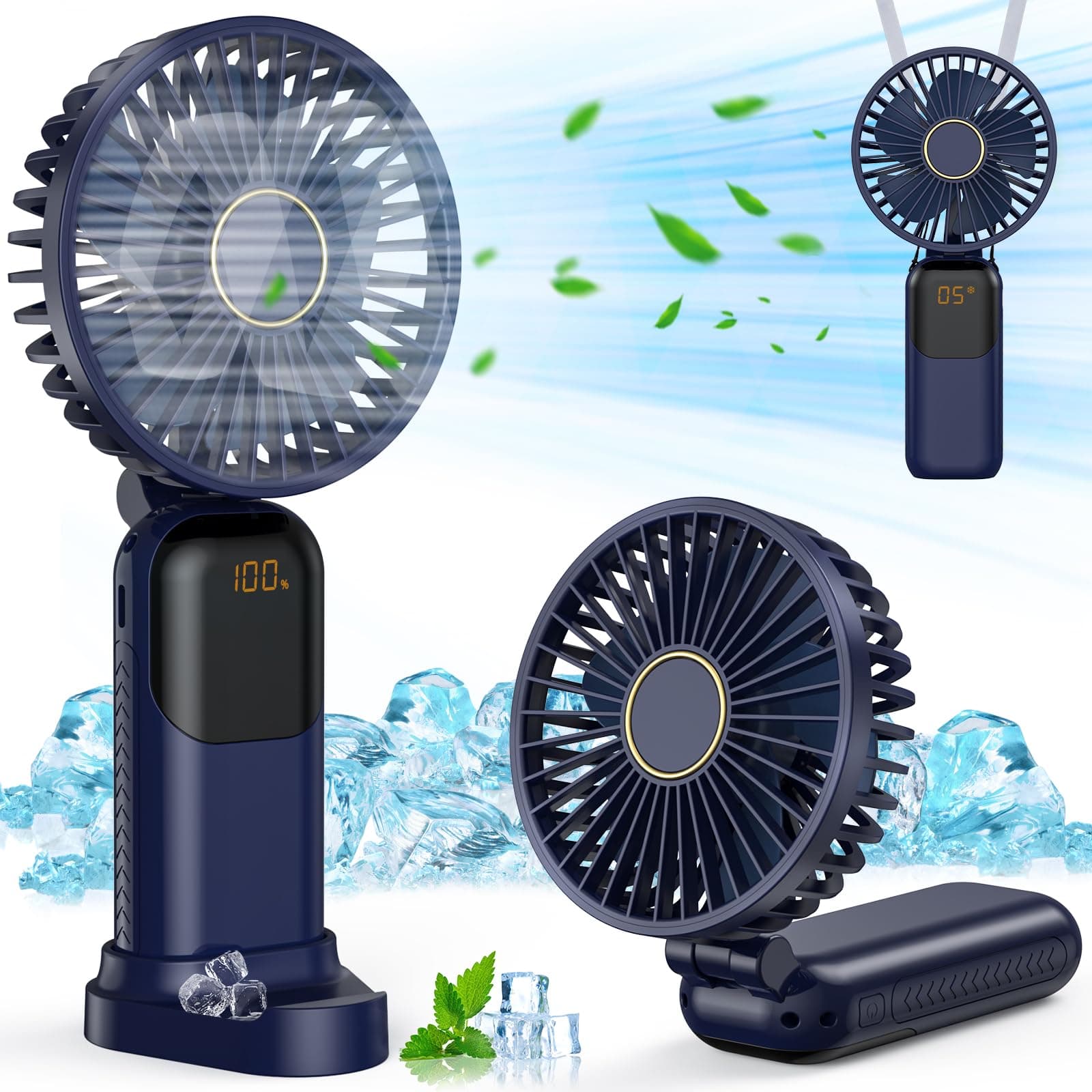 GIACOMO Mini Ventilateur Portable, USB Ventilateur Rechargeable, Petit Ventilateur de Poche 5 Vitesses Avec Base, Silencieux Ventilateur à Main Pliable Pour Bureau, Extérieur (Bleu)