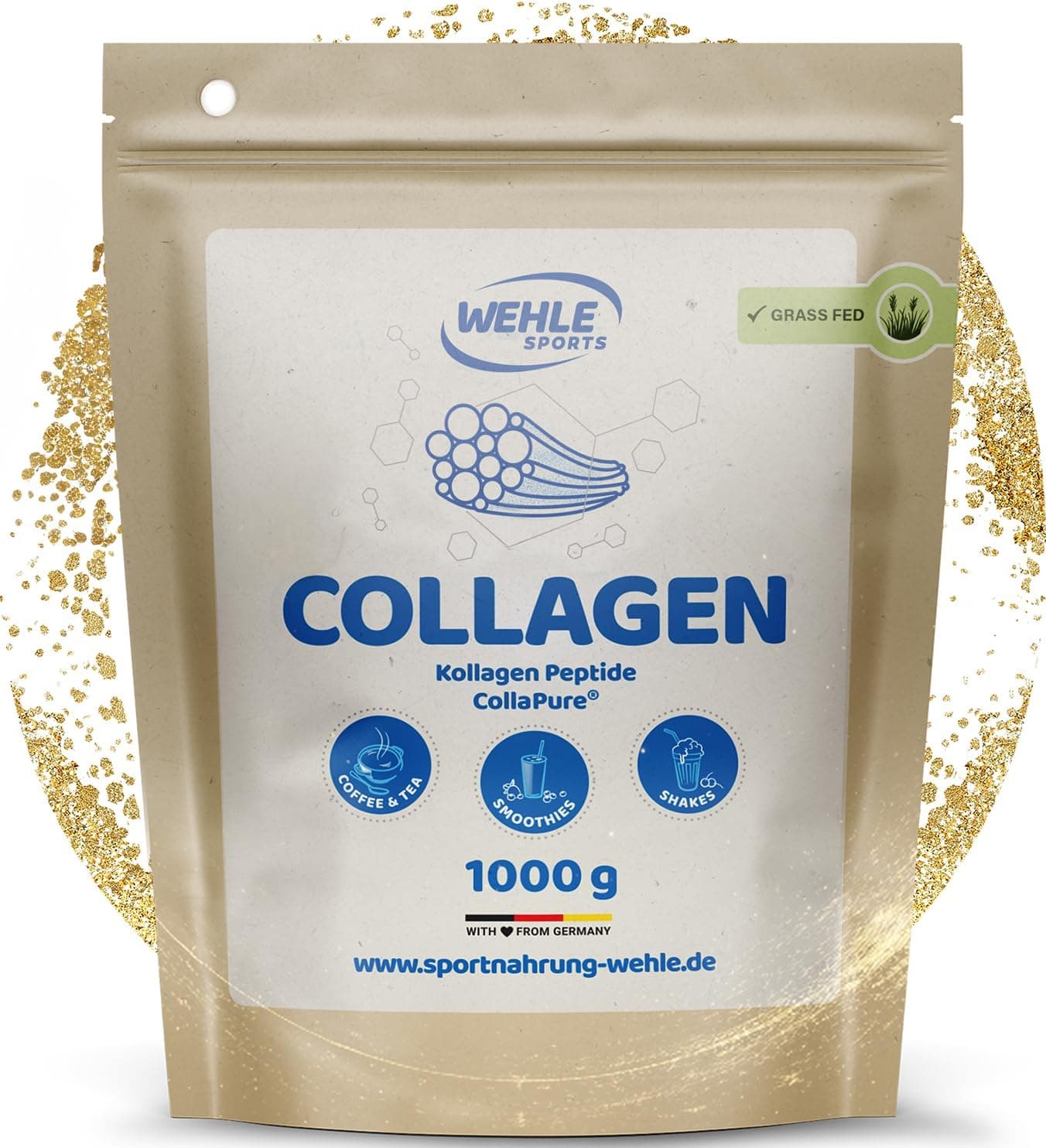 Collagen Pulver 1 kg – Kollagenhydrolysat Peptide Typ I, II & III – Geschmacksneutrales Eiweißpulver – Made in Germany – Wehle Sports (1000g (1er Pack)) - Verpackung kann variieren.