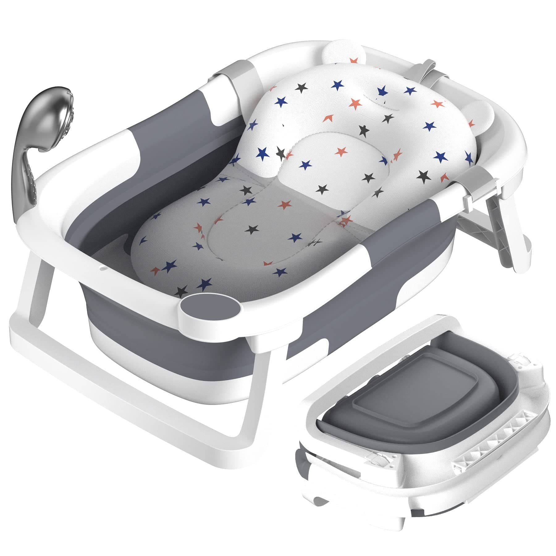 Rabb 1st Vaschetta Bagnetto Neonato Pieghevole, Vasca per Bambini Portatile con Tappetino Antiscivolo e Foro di Scarico,Nessun Termometro,Grigio