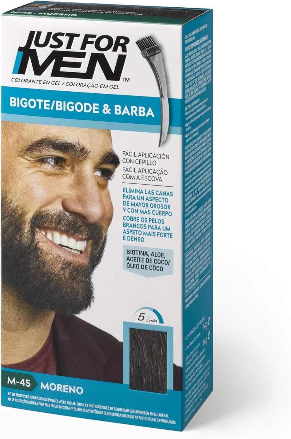 Just For Men Tinte Colorante En Gel Para Barba Y Bigote. Con Aloe y Aceite de Coco, para una Barba Sin Canas y con Aspecto Más Denso en 5 minutos. Tono Moreno, M45