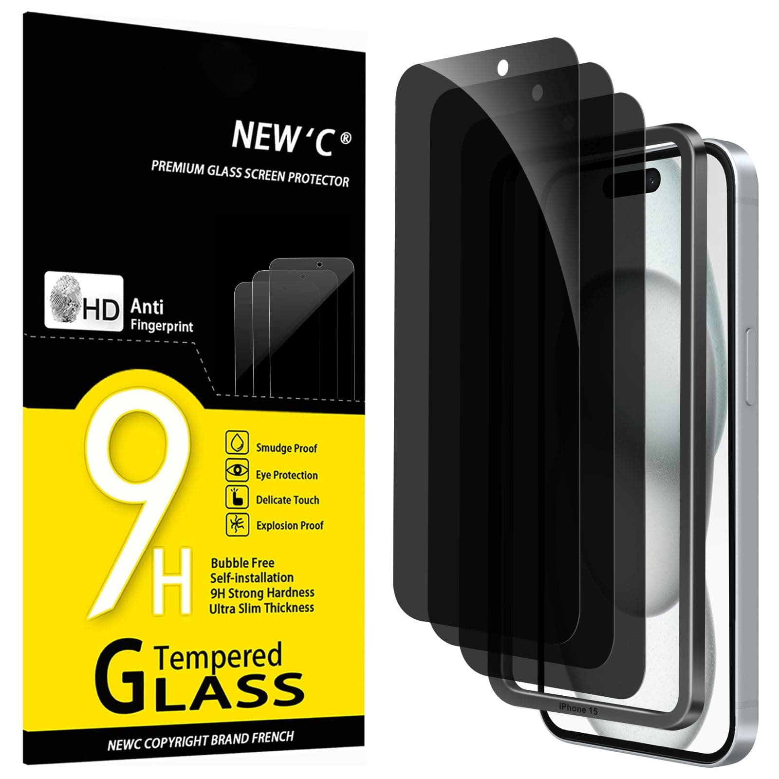 NEW'C 3 Piezas, Protector pantalla privacidad para iPhone 16, iPhone 15 (6,1 Pulgadas), Cristal Vidrio Templado Antiespia con herramienta de instalación fácil incluida - Ángulo de Privacidad 28 Grados