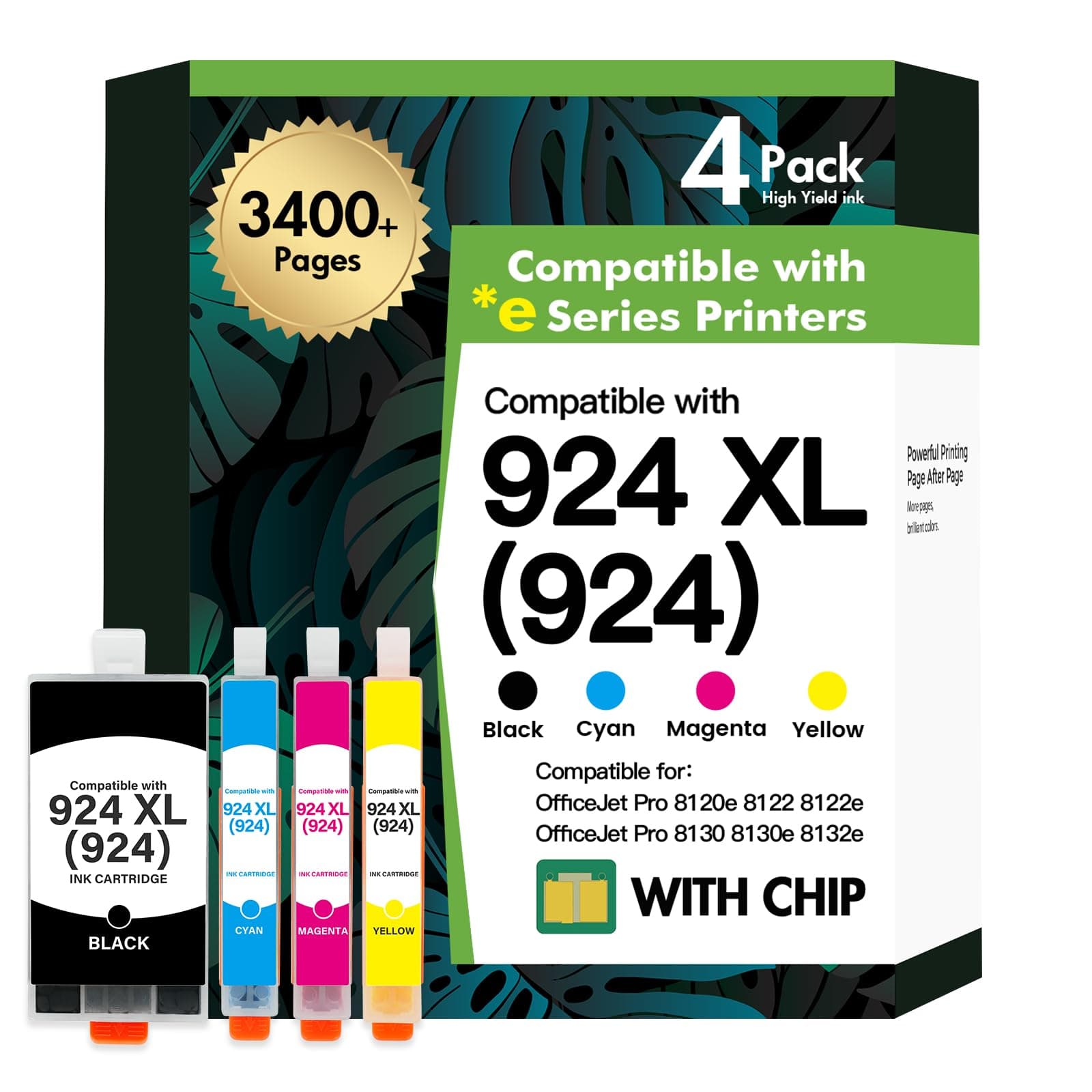 Cartouche 924 XL Compatible pour HP 924 Pack de 4 Cartouches d'encre 924XL 924e pour HP OfficeJet Pro 8122e 8132e 8120e 8130e 8124e 8125e 8135e 8120 8130 8122 Imprimantes (Noir Cyan Jaune Magenta)