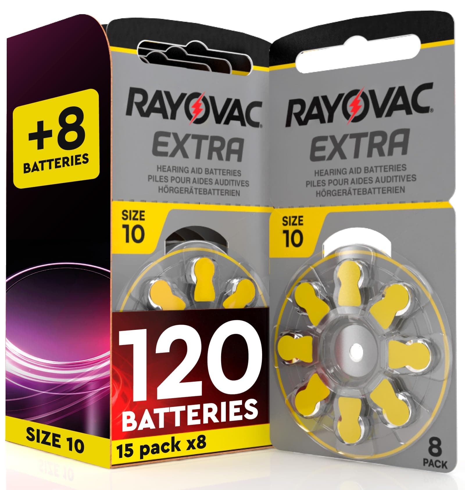 120 Batterie per Apparecchi Acustici Rayovac Extra Misura 10 + 8 Udivita | 15+1 Blister da 8 Pile