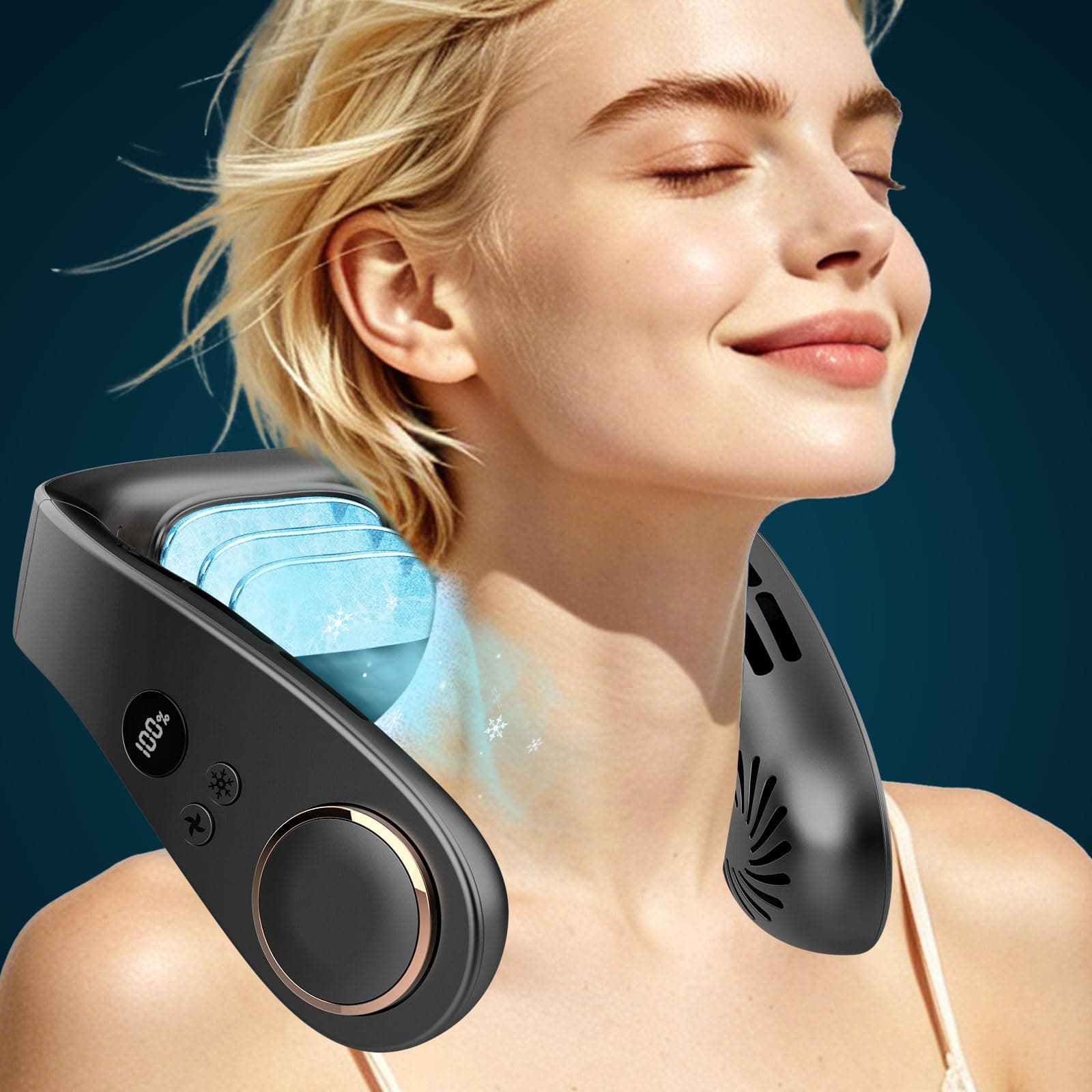 Kouric Ventilador de Cuello con Aire acondicionado Silencioso,5 Velocidades,5500mAh,Pantalla LED para Batería y Velocidad,Hasta 24 Horas,Portatil para Viajes, Oficina, Deportes y Exteriores-Negro