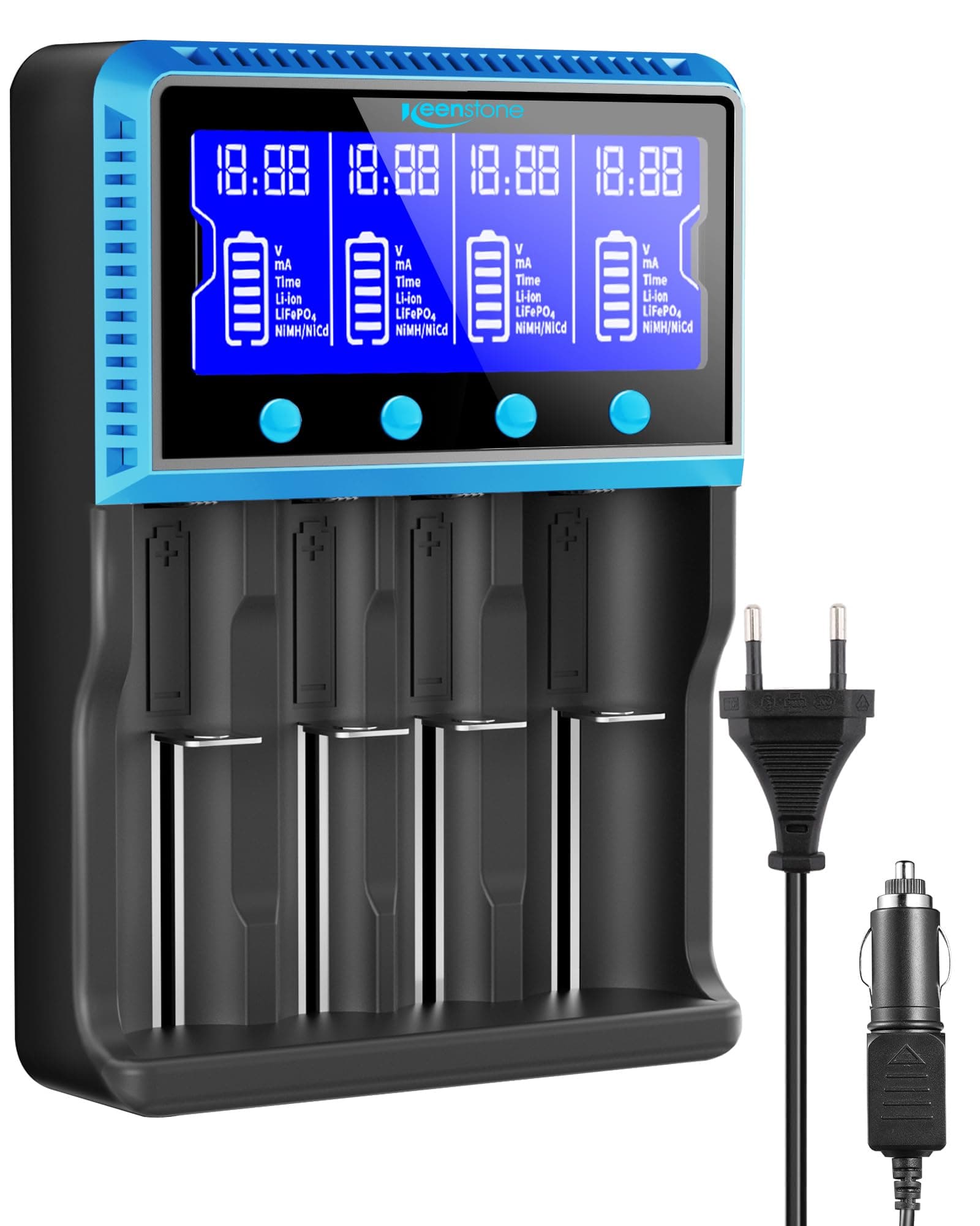 Keenstone Chargeur Accu 18650, Chargeur de Piles Rechargeable Universel pour 26650 10440 14500 16340 26500 IMR Li-ION Ni-MH Ni-CD LiFePO4 AA AAA, Grand Ecran, Emplacement Indépendant