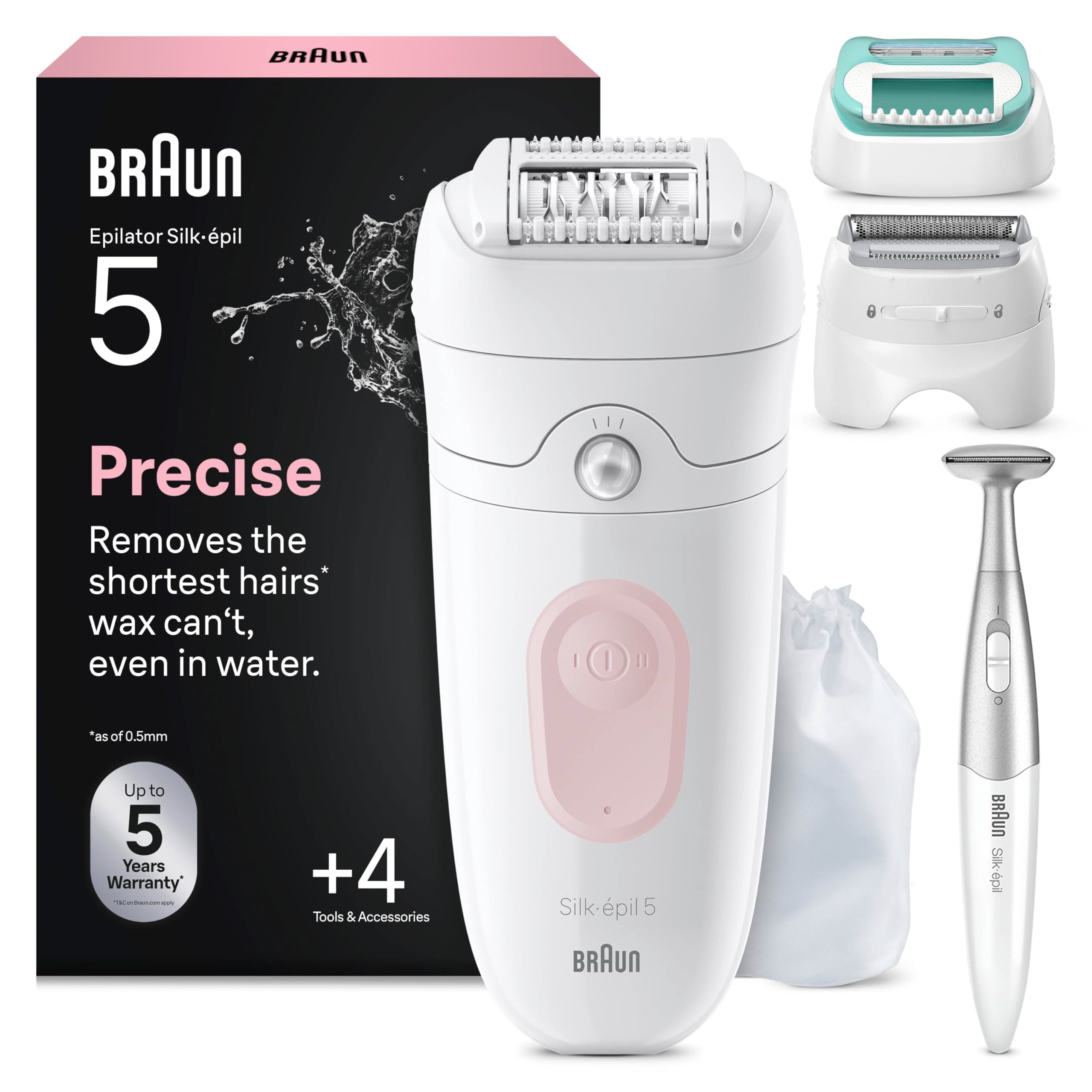 Braun Silk Epil 5 Epilatore Elettrico Donna, Wet&Dry, Rimozione Facile Peli, Pelle Liscia, Include Testina Radente, Cappuccio Regolatore, Cappuccio Prime Epilazioni E Rifinitore Bikini, 5-251