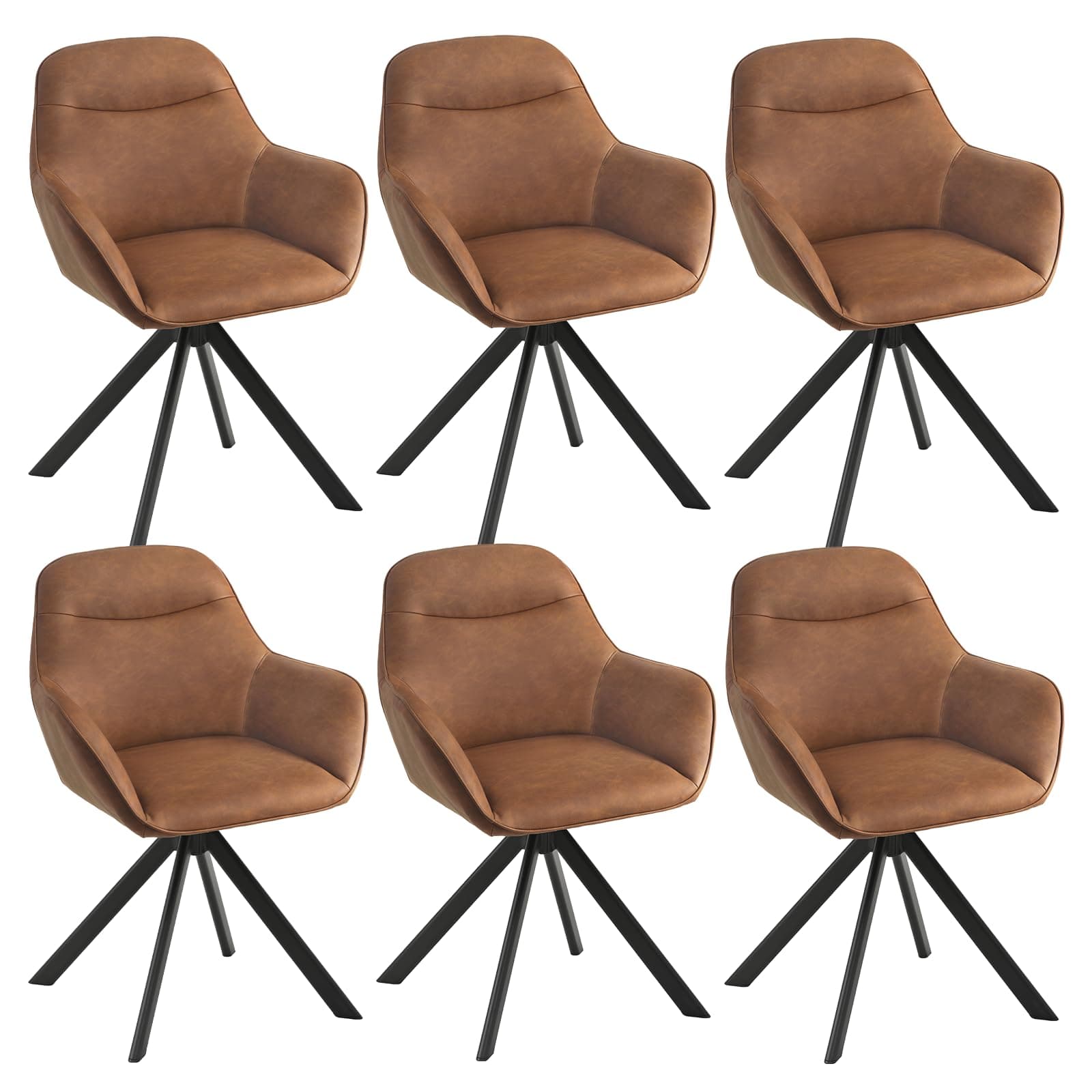 Goeurvant Lot de 6 Chaise Pivotante Salle à Manger, Chaises 360° Simili Cuir Marron avec Accoudoirs, Chaises Fauteuil avec Pieds en Métal pour Salon Cuisine