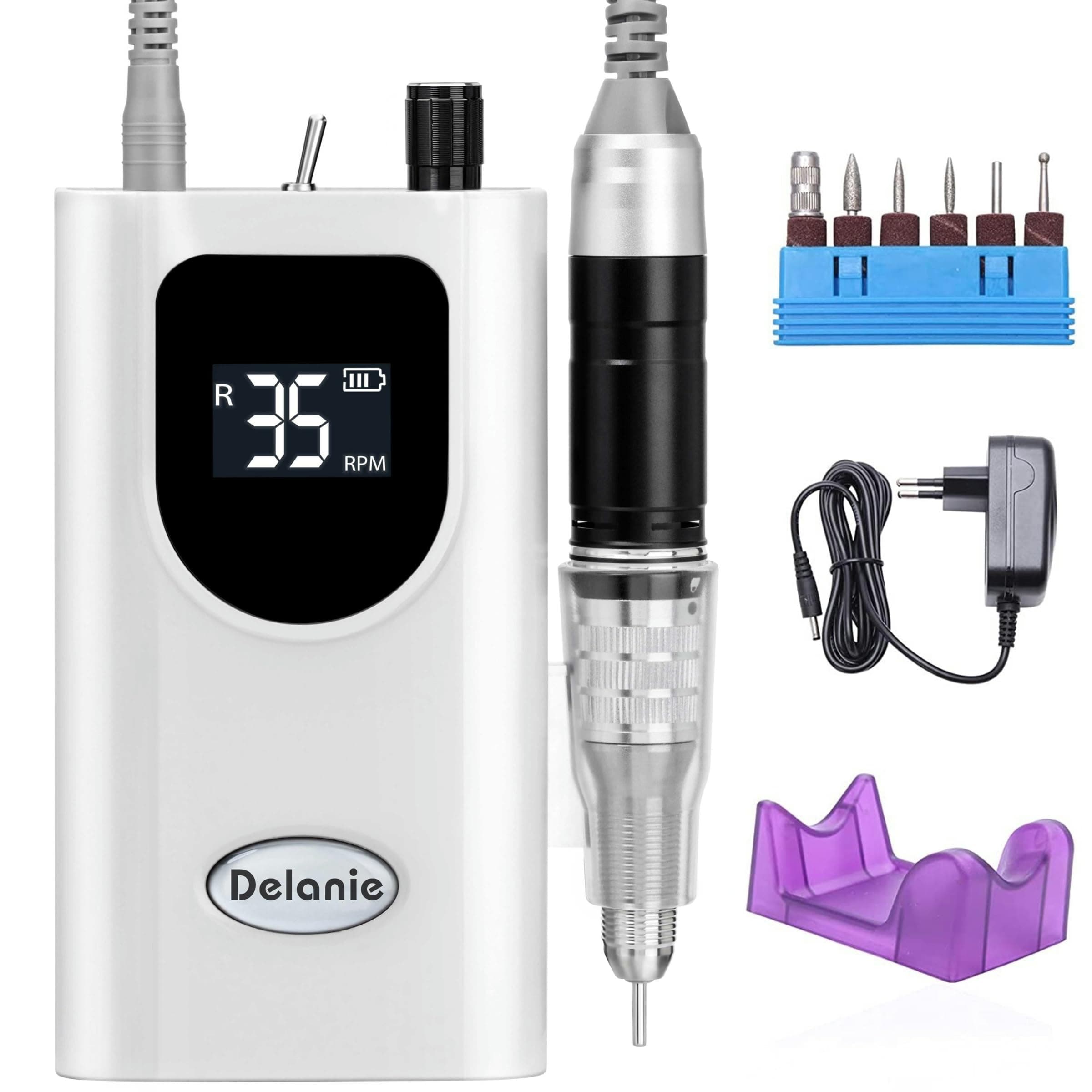 Delanie Ponceuse à Ongles Professionnelle 35000 tours pour Manucure Pédicure Electrique Portable Rechargeable avec 6 Embouts et Affichage LCD Intelligent pour Domicile/Salon, Retirer Vernis/Gel
