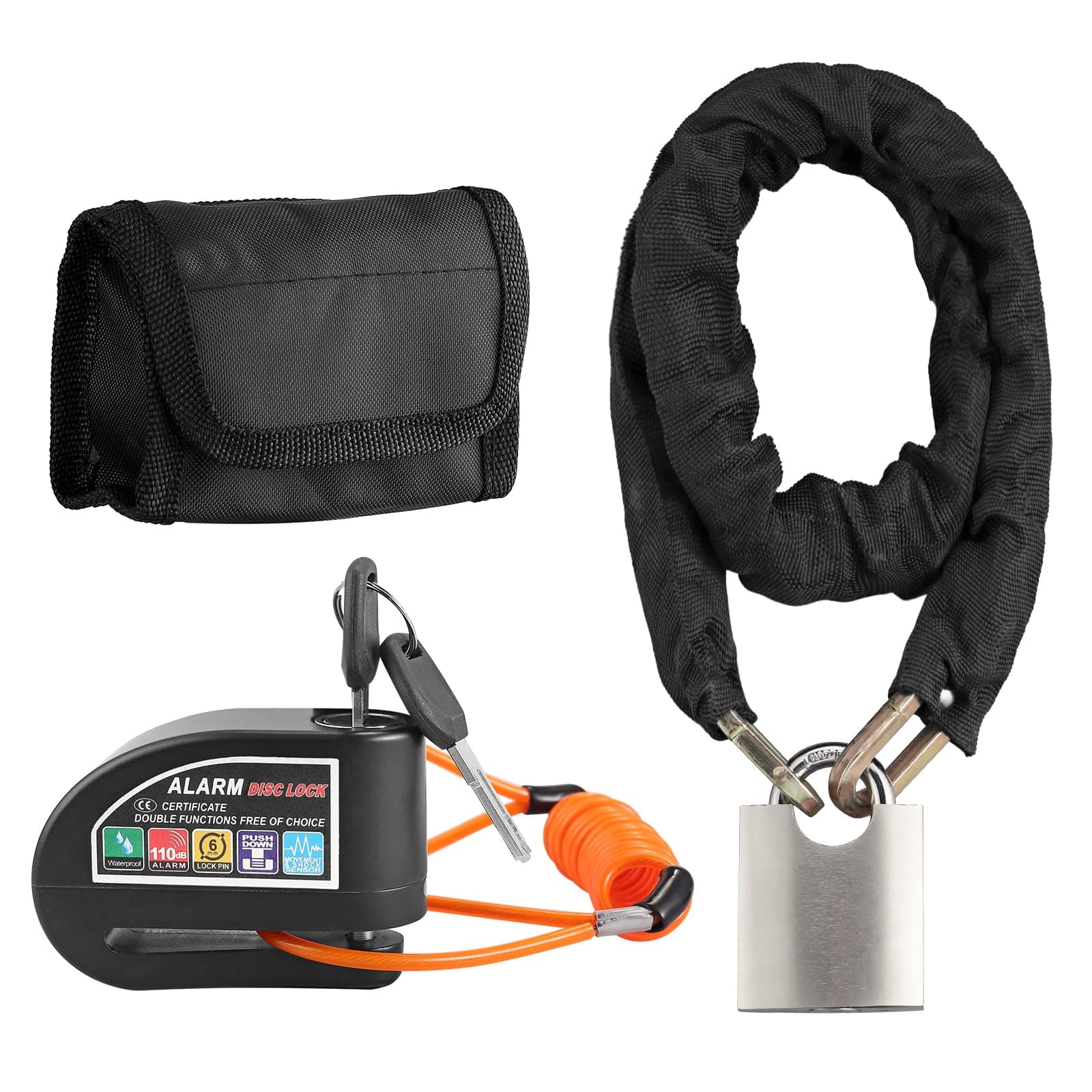 Justech Candado Moto Disco con 2 Modos de Alarma 110 DB+Candado de Cadena para Moto con Cable de Recordatorio y Bolsa de Transporte, Antirrobo Moto Impermeable de Alta Seguridad para Motos,Bicicletas